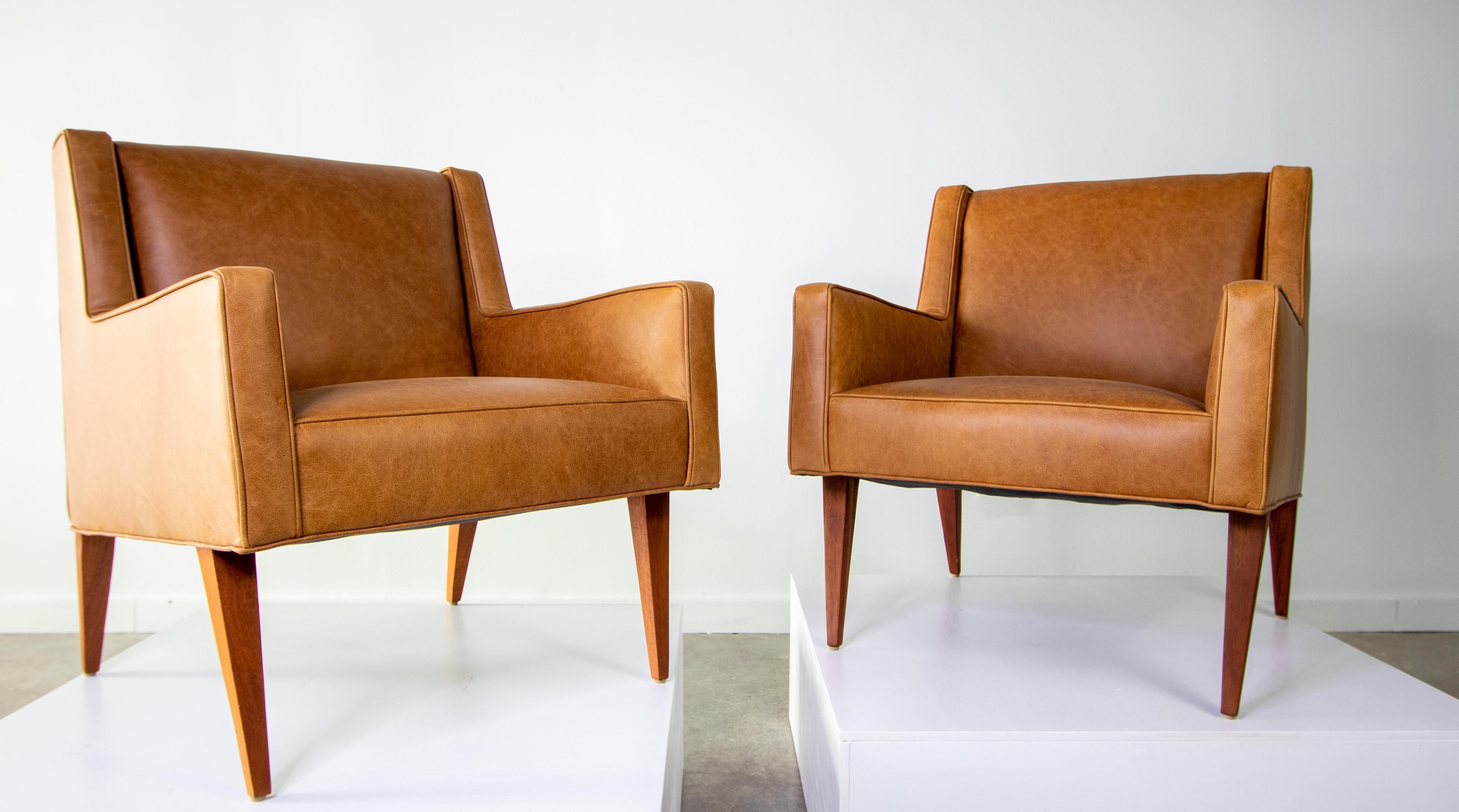 Mid-Century Modern 1950s Edward Wormley for Dunbar pair of leather lounge chairs no. 603 Mrs. Chair For Sale