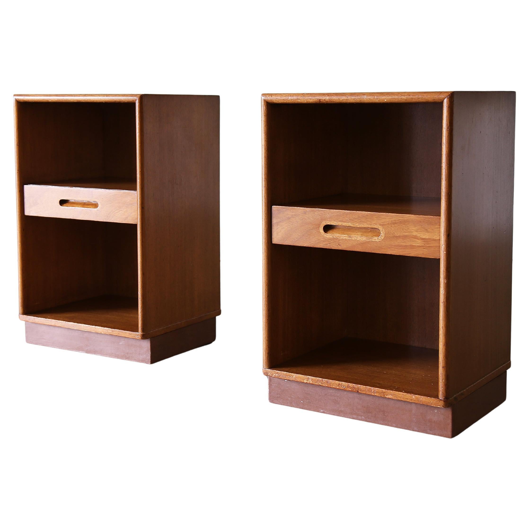 1950s Edward Wormley for Dunbar Teak Nightstands w/ Leather Wrapped Plinths Pair