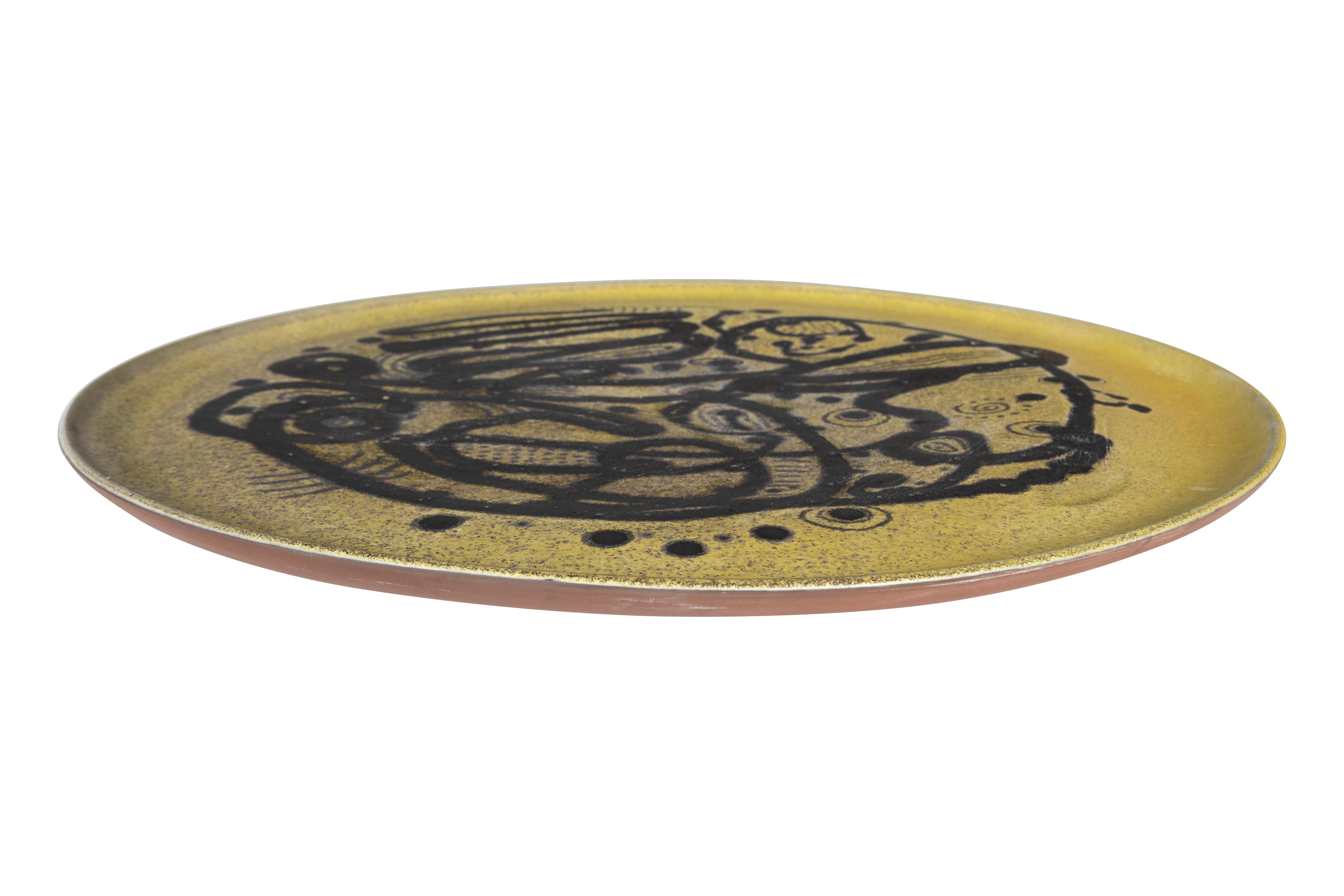 Hand-Crafted 1950s, Edwin and Mary Scheier Mid-Century Modern Yellow Abstract Charger