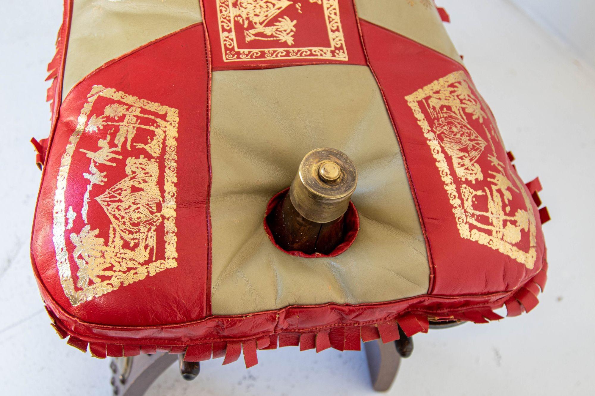 Brass 1950s Egyptian Ottoman Camel Saddle Stool with Red and Gold Cushion For Sale