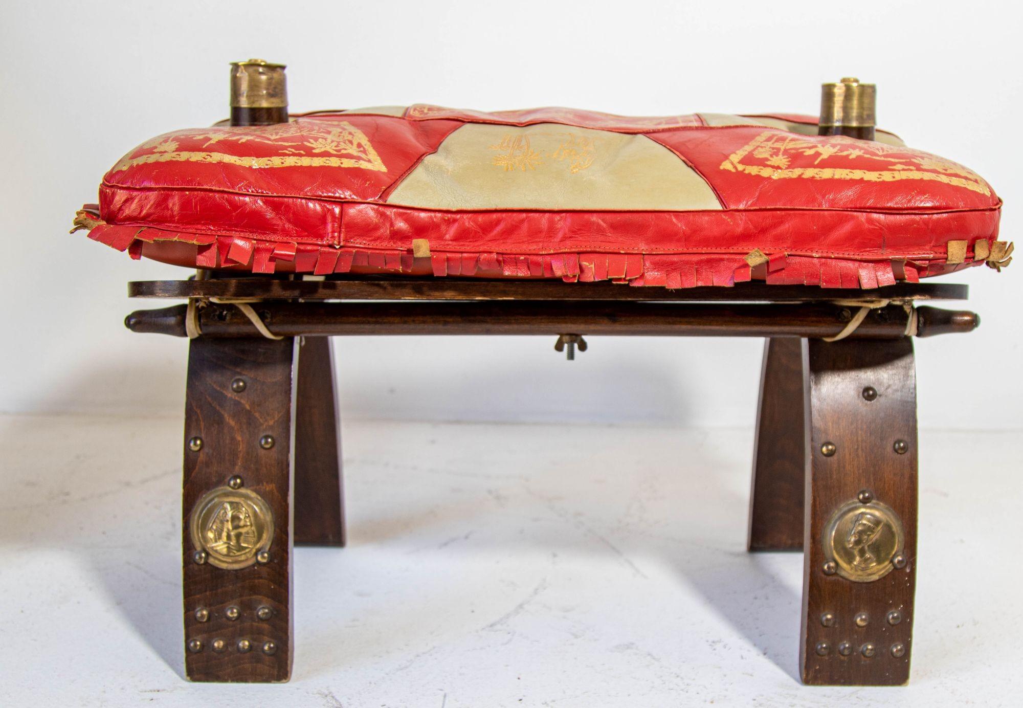 1950s Egyptian Ottoman Camel Saddle Stool with Red and Gold Cushion For Sale 4