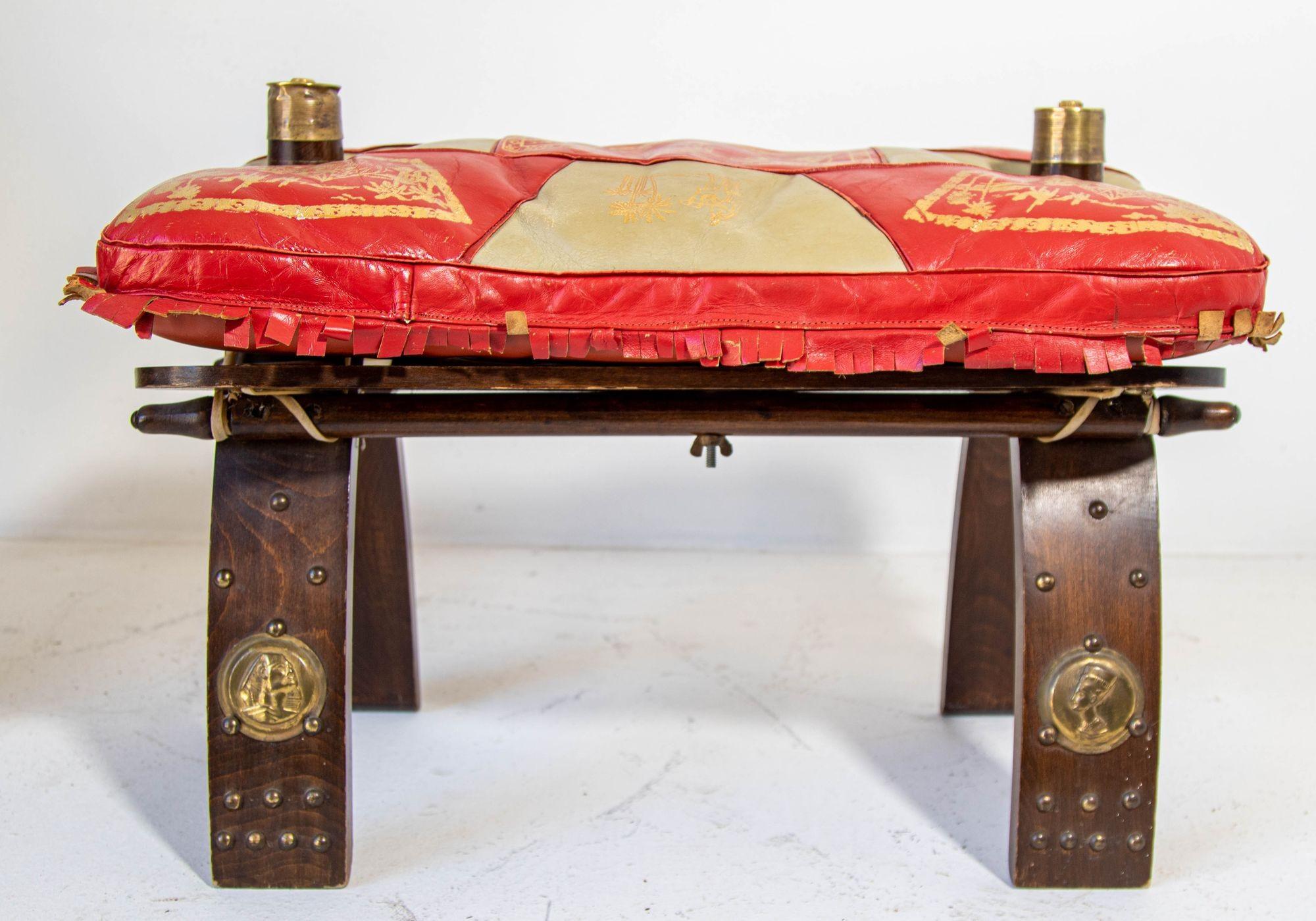 Hand-Crafted 1950s Egyptian Ottoman Camel Saddle Stool with Red and Gold Cushion For Sale