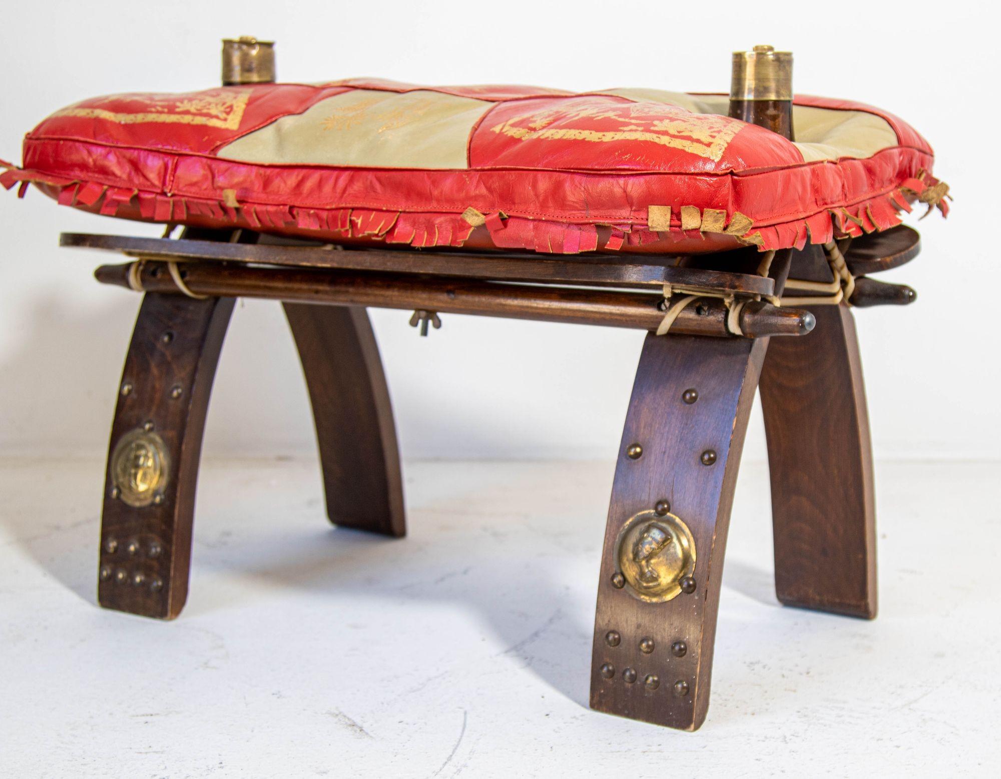 20th Century 1950s Egyptian Ottoman Camel Saddle Stool with Red and Gold Cushion For Sale