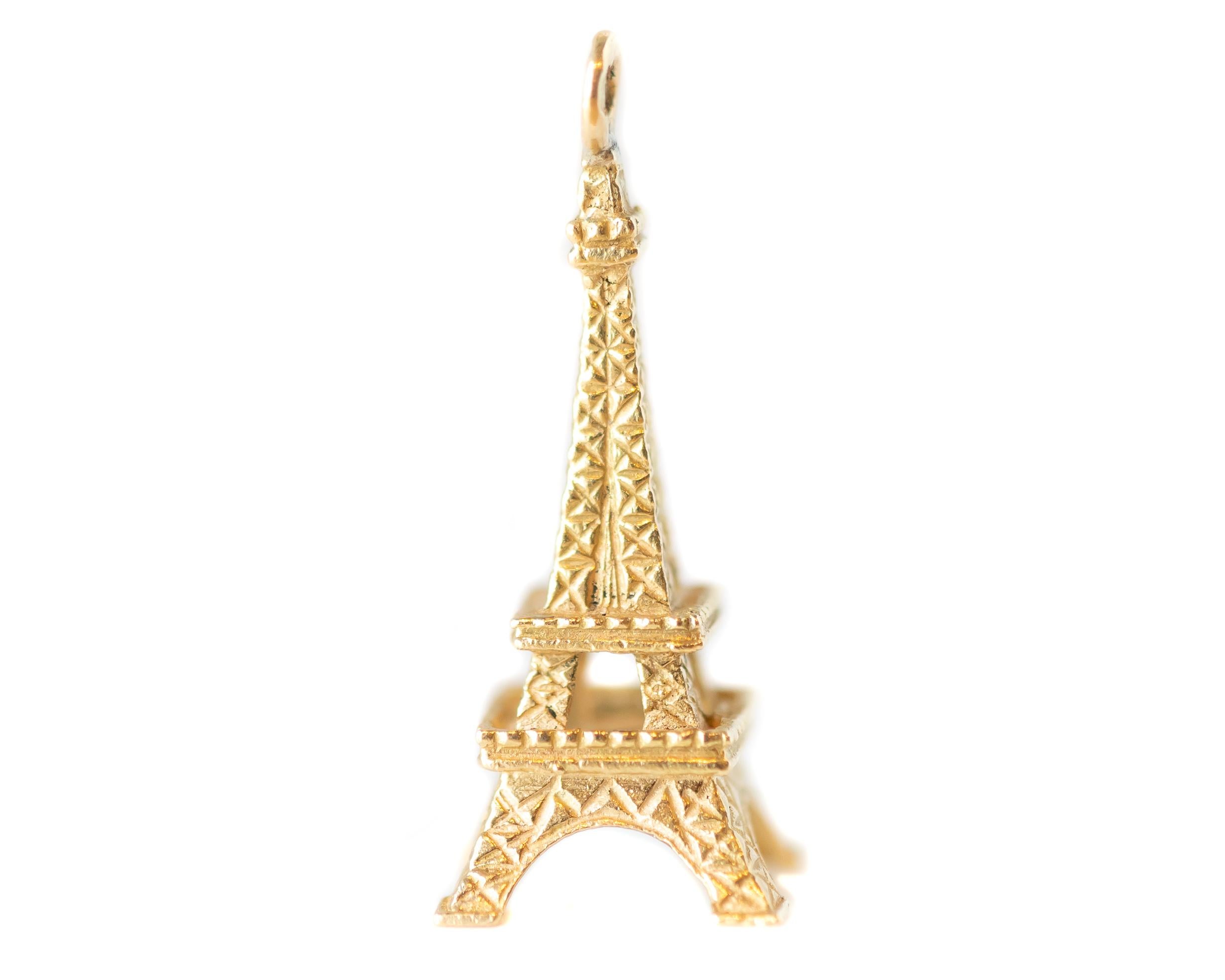 1950s Retro Eiffel Tower Charm - 14 Karat Yellow Gold

Features:
Tiny Eiffel Tower
Sleek, Detailed Design
Textured 14 karat Yellow Gold
Sturdy Bail 
Measures 20 x 7 millimeters 

Charm Details:
Dimensions: 20 x 7 millimeters
Metal: 14 karat Yellow