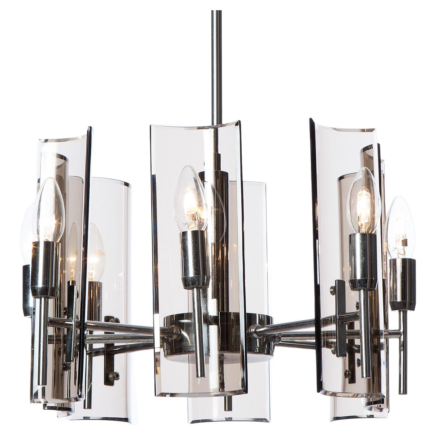 1950's eight light Chrome and Glass Chandelier Light by Crystal Arte