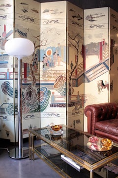 1950s Eight-Panel Ivory Lacquered Chinoiserie Folding Screen or Room Divider