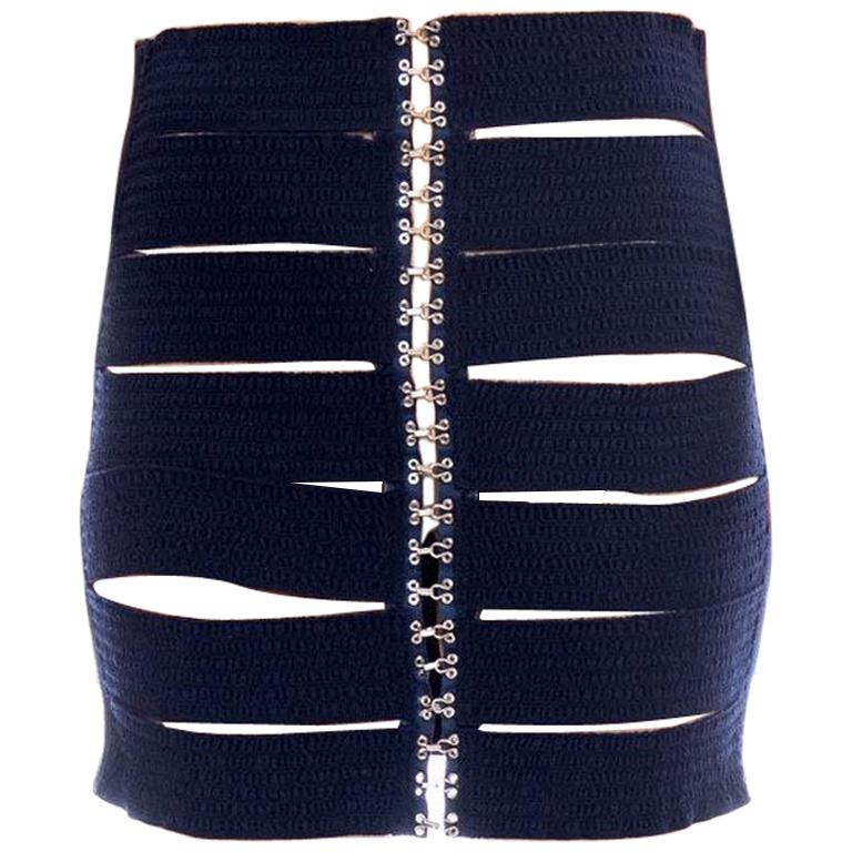 1980S Navy Cotton Elastic Knit Bandage Cutout Bodycon  Skirt With Exposed Hooks For Sale