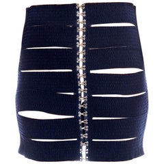 1980S Navy Cotton Elastic Knit Bandage Cutout Bodycon  Skirt With Exposed Hooks