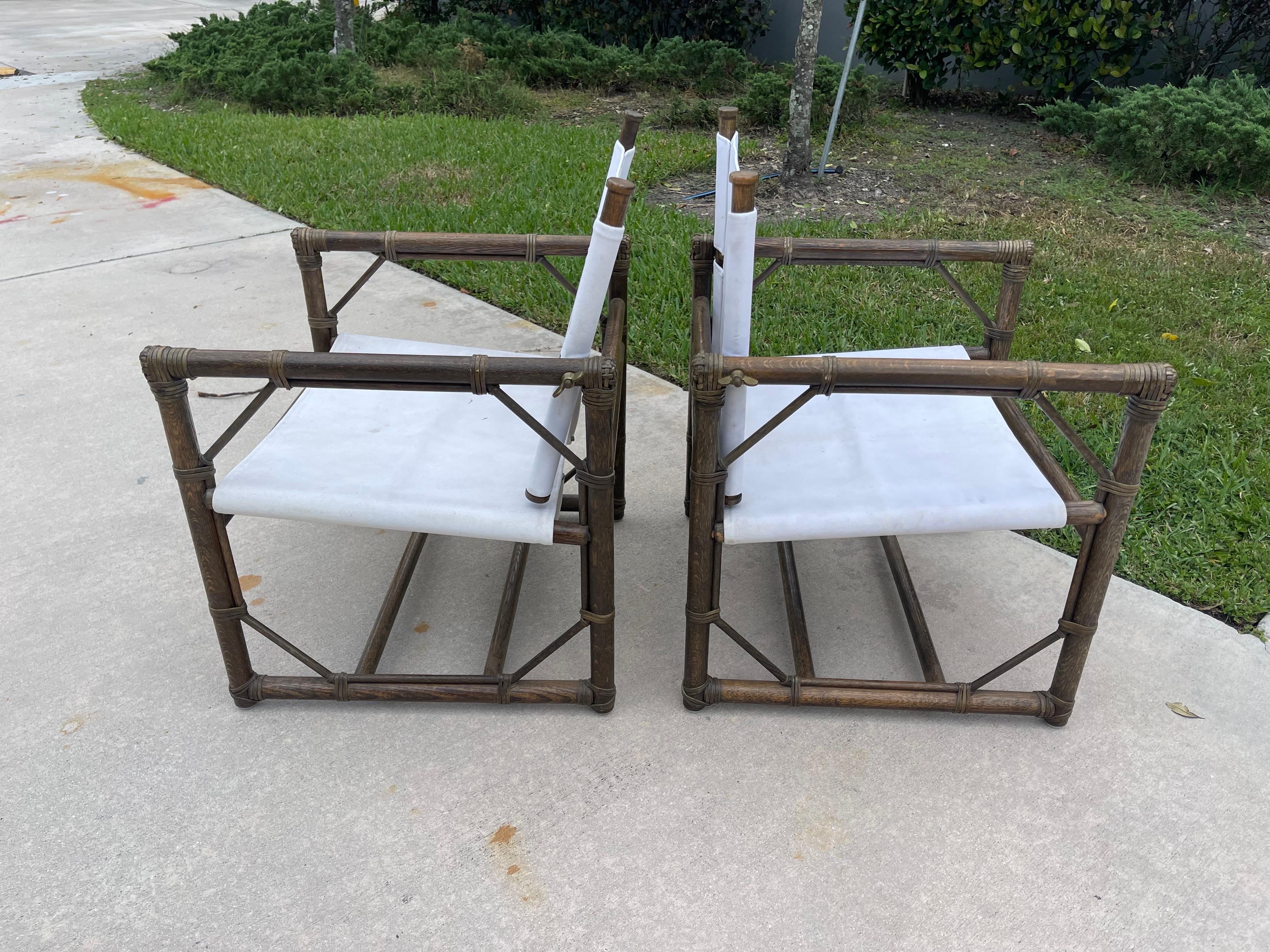 Leather 1950s Eleanor Forbes for McGuire “Officer’s Chairs” Oak Campaign Chairs, a Pair