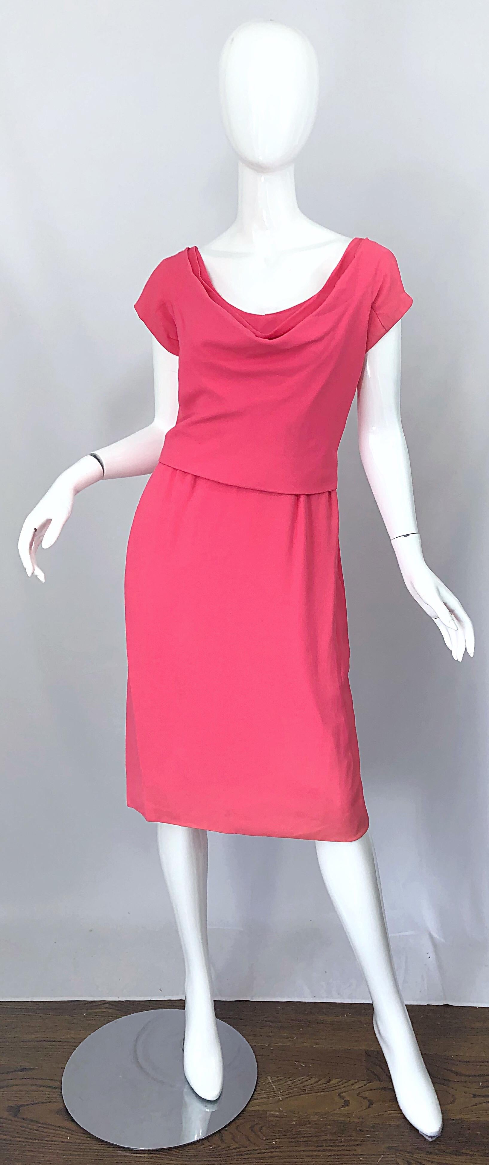 1950s Eleanor Green / Mary Norton Silk Crepe Pink Short Sleeve Vintage 50s Dress For Sale 6