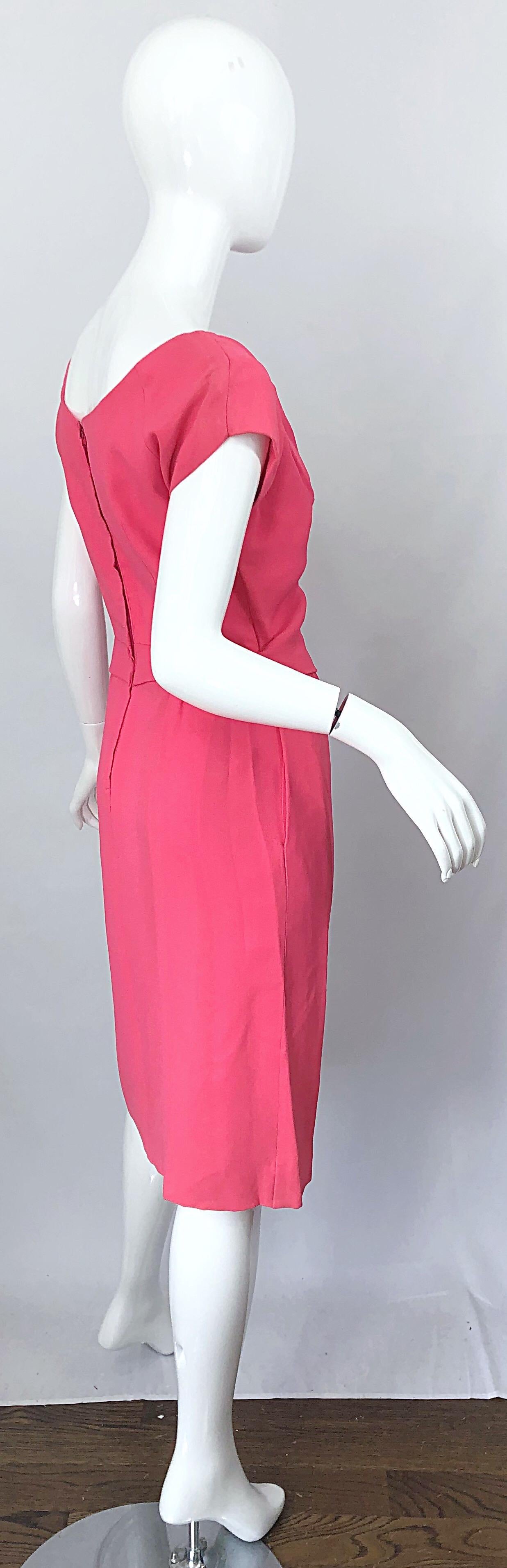 Red 1950s Eleanor Green / Mary Norton Silk Crepe Pink Short Sleeve Vintage 50s Dress For Sale