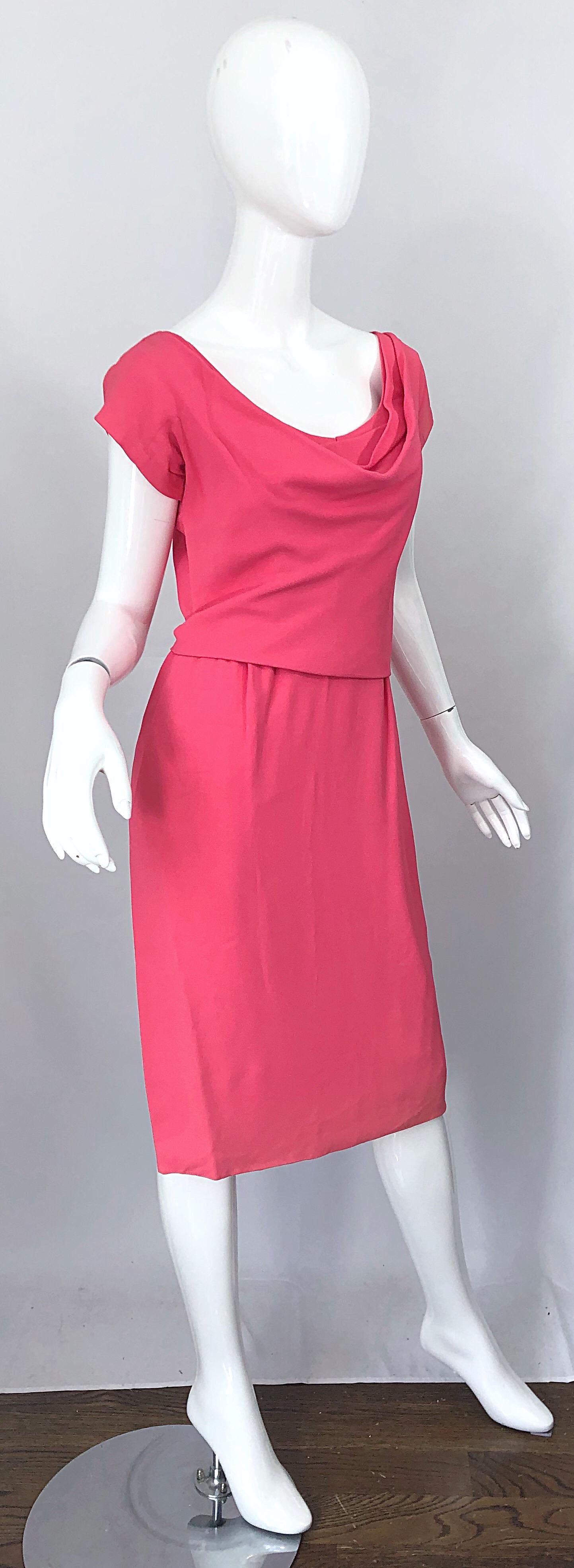 1950s Eleanor Green / Mary Norton Silk Crepe Pink Short Sleeve Vintage 50s Dress In Excellent Condition For Sale In San Diego, CA