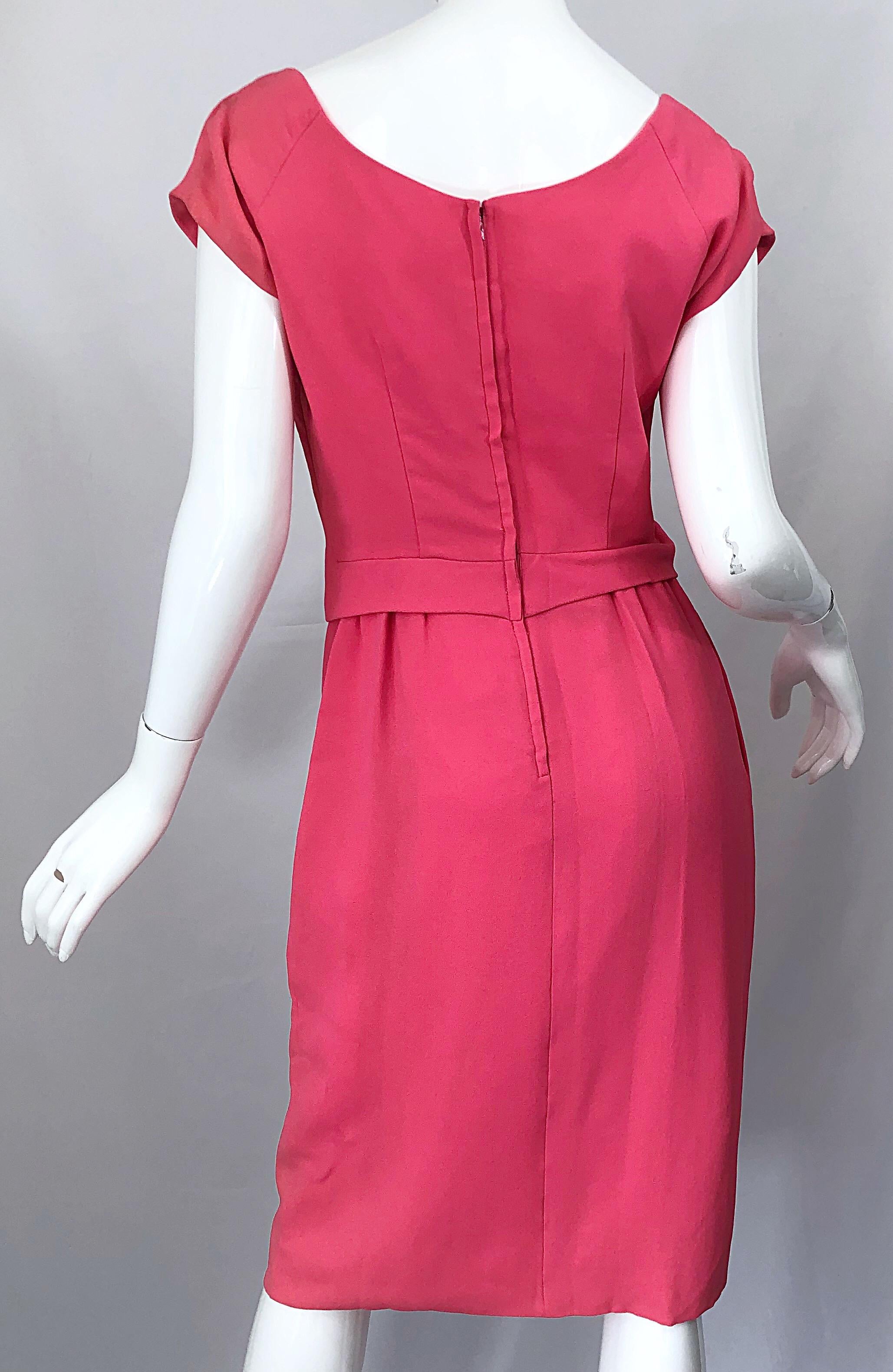 1950s Eleanor Green / Mary Norton Silk Crepe Pink Short Sleeve Vintage 50s Dress For Sale 1