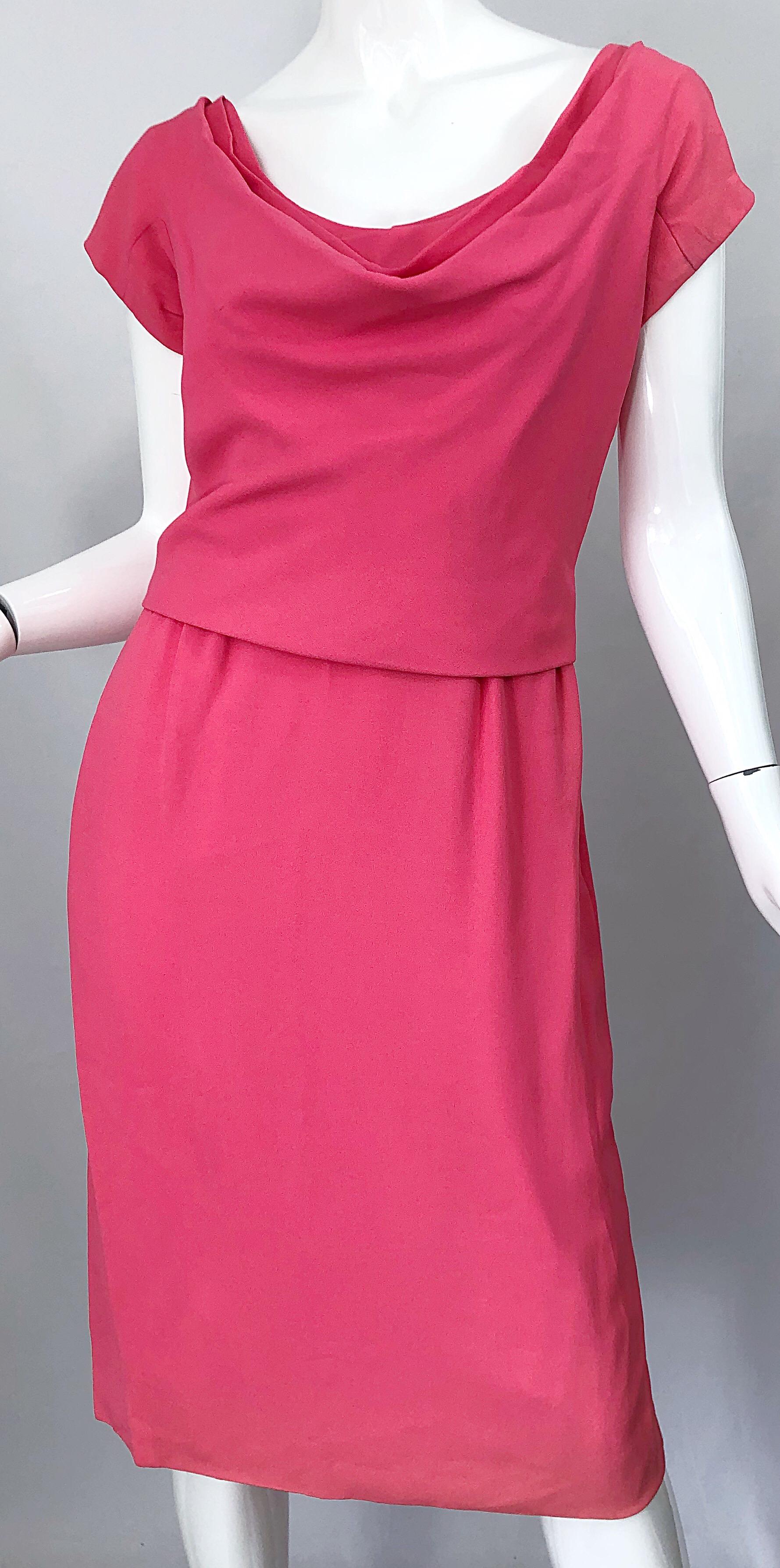 1950s Eleanor Green / Mary Norton Silk Crepe Pink Short Sleeve Vintage 50s Dress For Sale 2