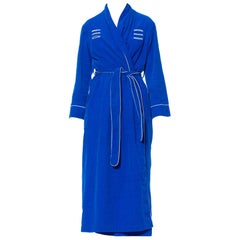 1950S Electric Blue Cotton Corduroy Robe With White Piping & Cute Pockets