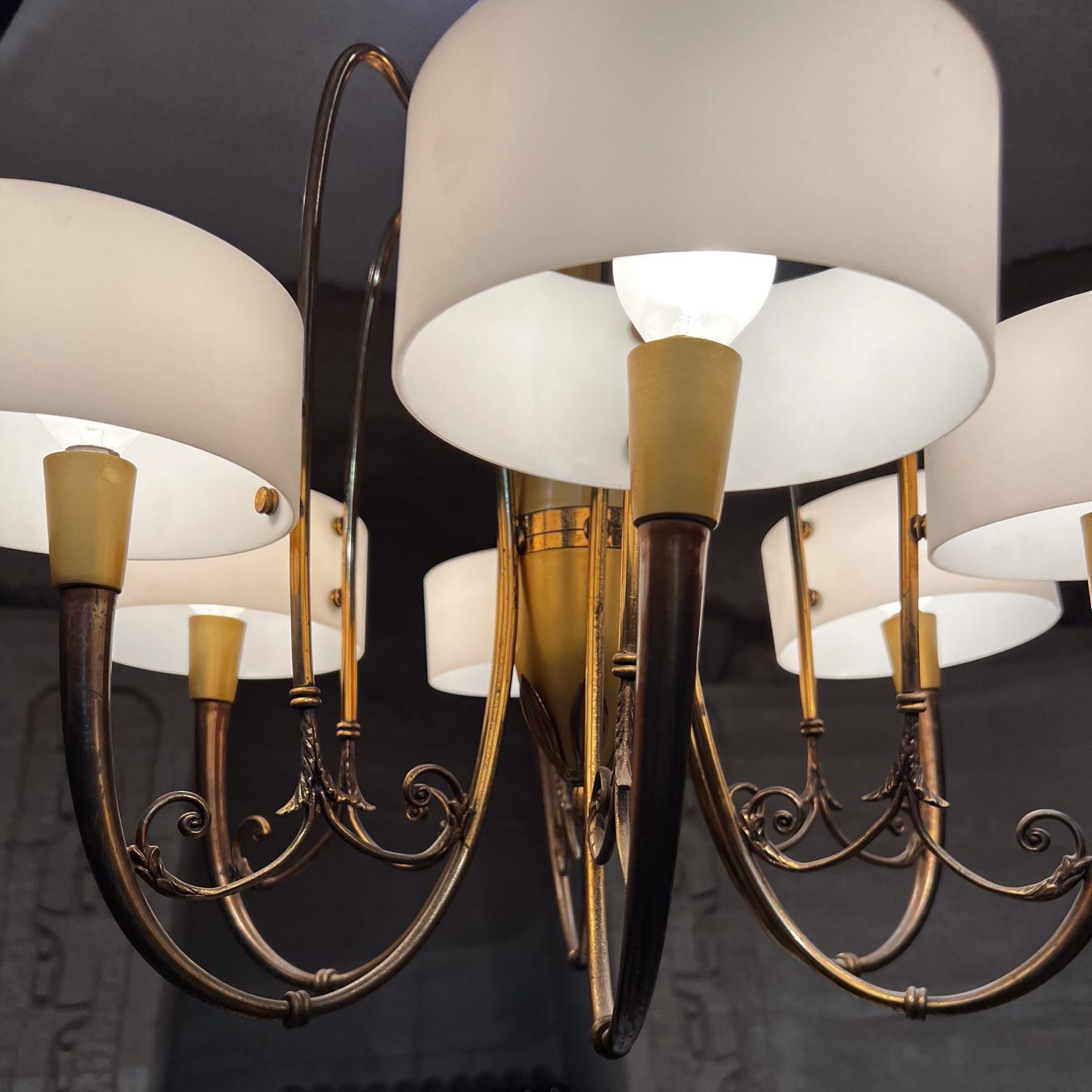 Mid-Century Modern 1950s Elegance Sculptural Six Arm Chandelier Multi Tone Brass Italy For Sale
