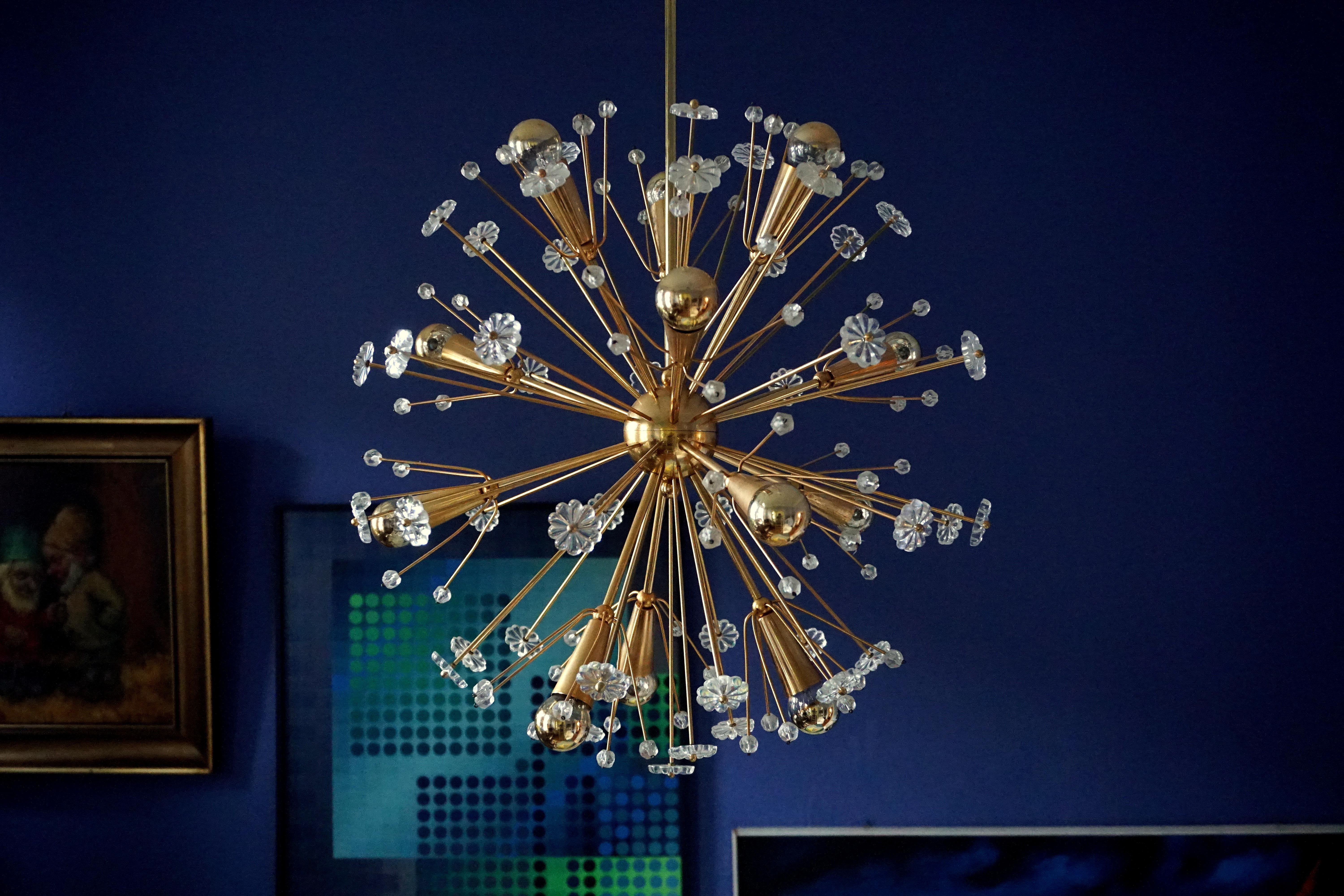 Mid-Century Modern 1950s Elegant gilt Starburst Sputnik Snowflake Chandelier from Emil Stejnar 