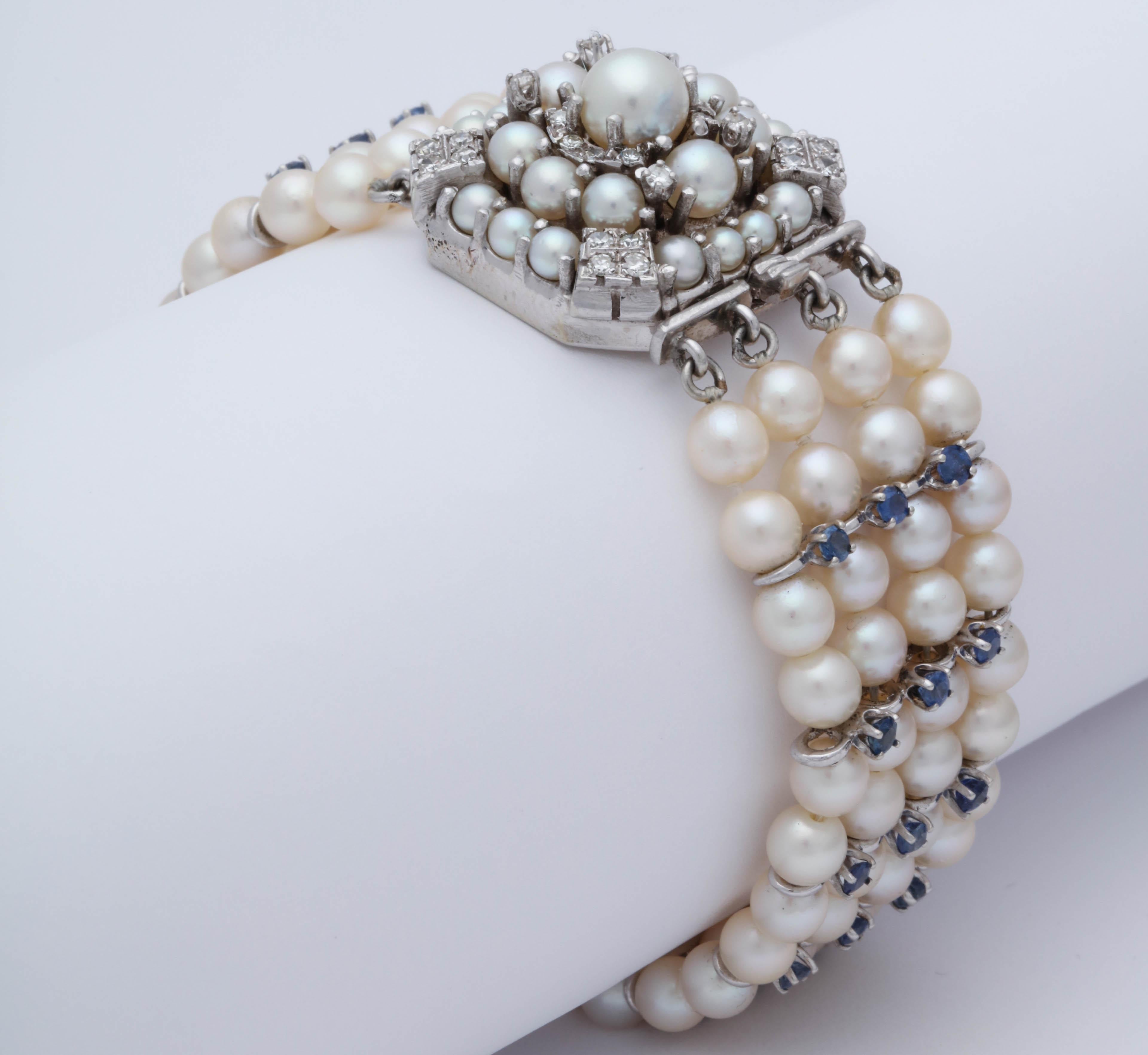 Round Cut 1950s Elegant Pearl with Sapphires and Diamonds Flexible White Gold Bracelet