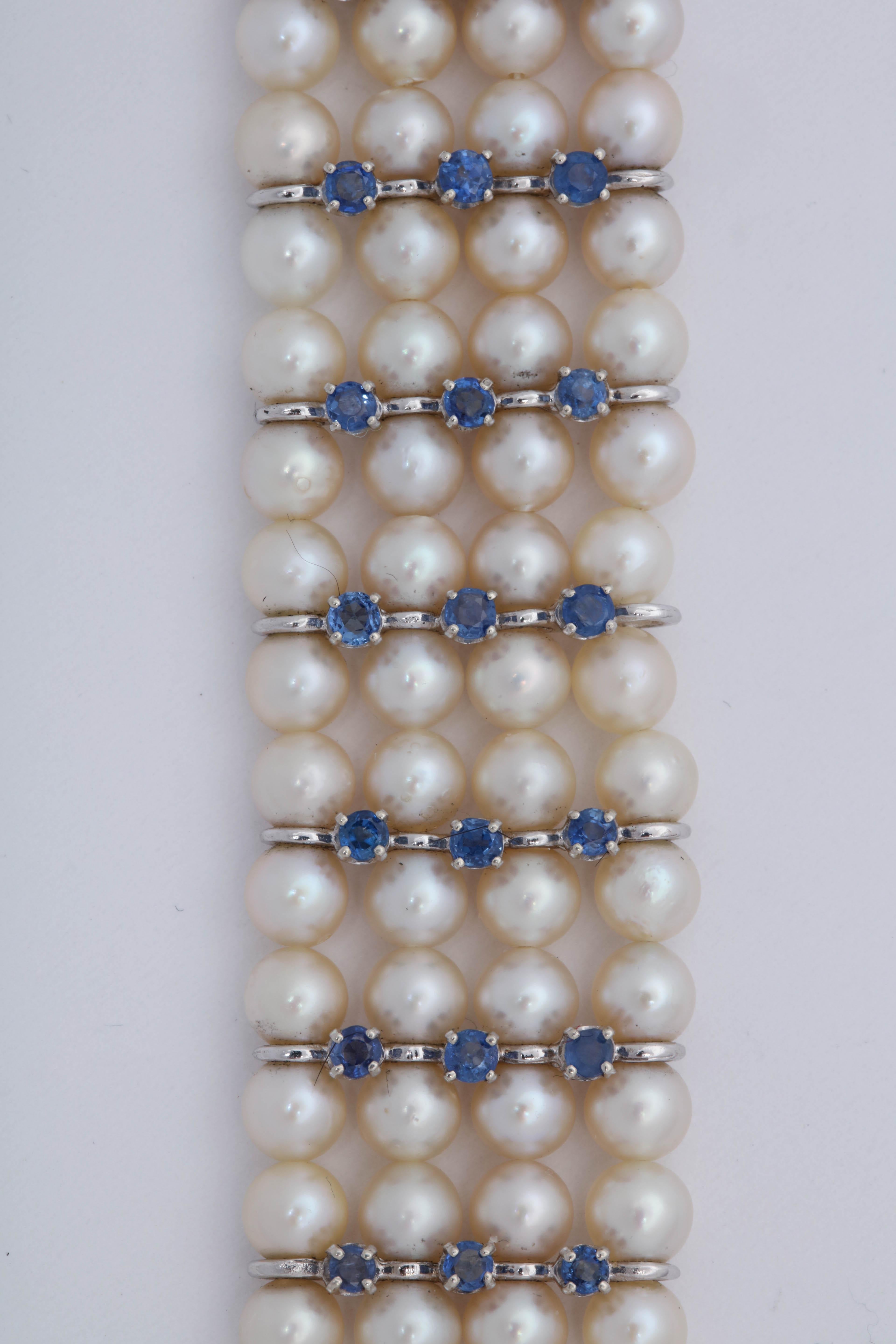 Women's 1950s Elegant Pearl with Sapphires and Diamonds Flexible White Gold Bracelet