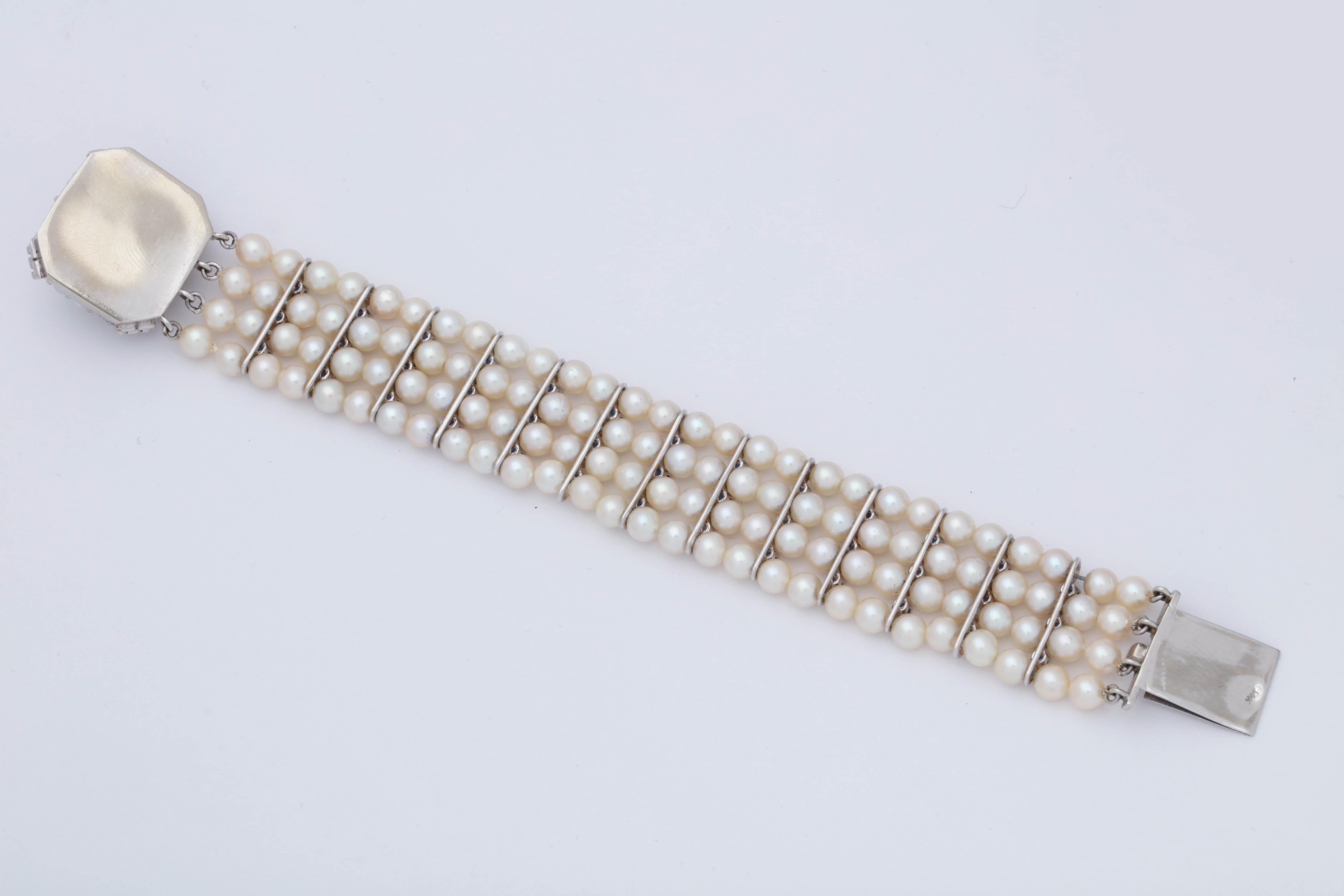 1950s Elegant Pearl with Sapphires and Diamonds Flexible White Gold Bracelet 1