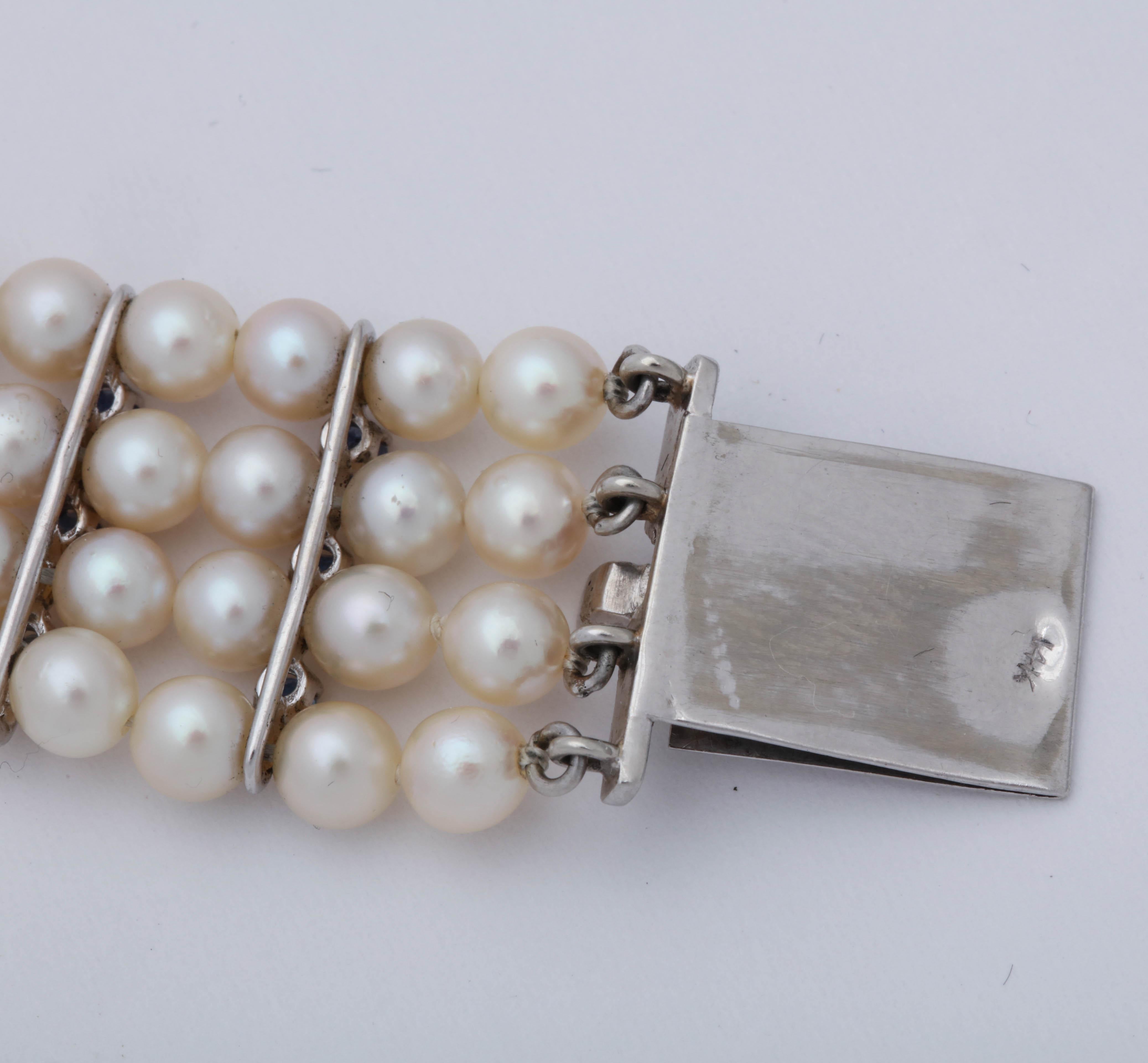 1950s Elegant Pearl with Sapphires and Diamonds Flexible White Gold Bracelet 2