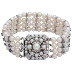 1950s Elegant Pearl with Sapphires and Diamonds Flexible White Gold Bracelet
