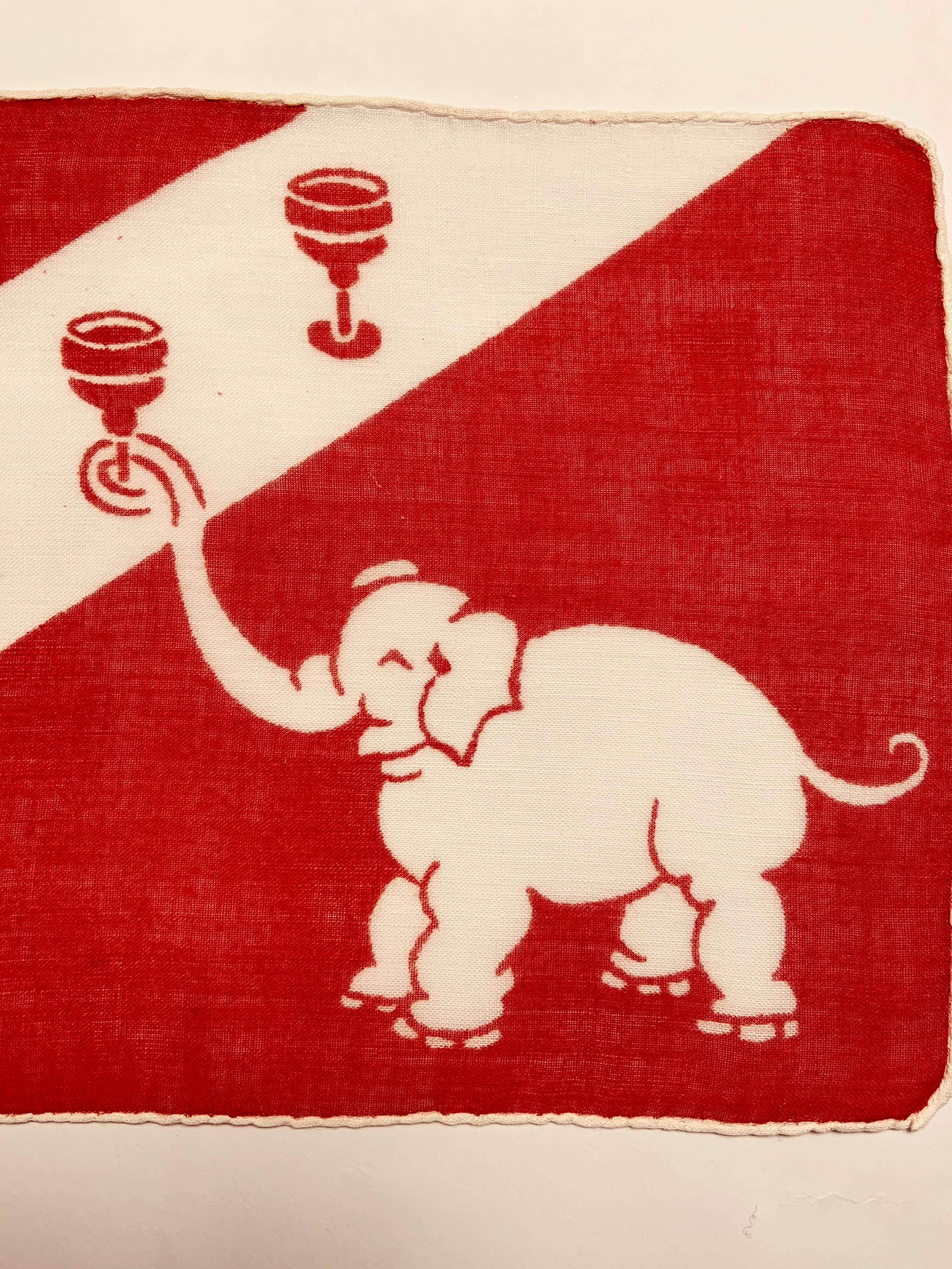 Beige 1950's Elephant Printed Linen Cocktail Napkins, Set of 10