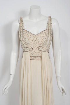 1950's Elizabeth Arden Couture Beaded Ivory Silk Chiffon Draped Goddess Dress
