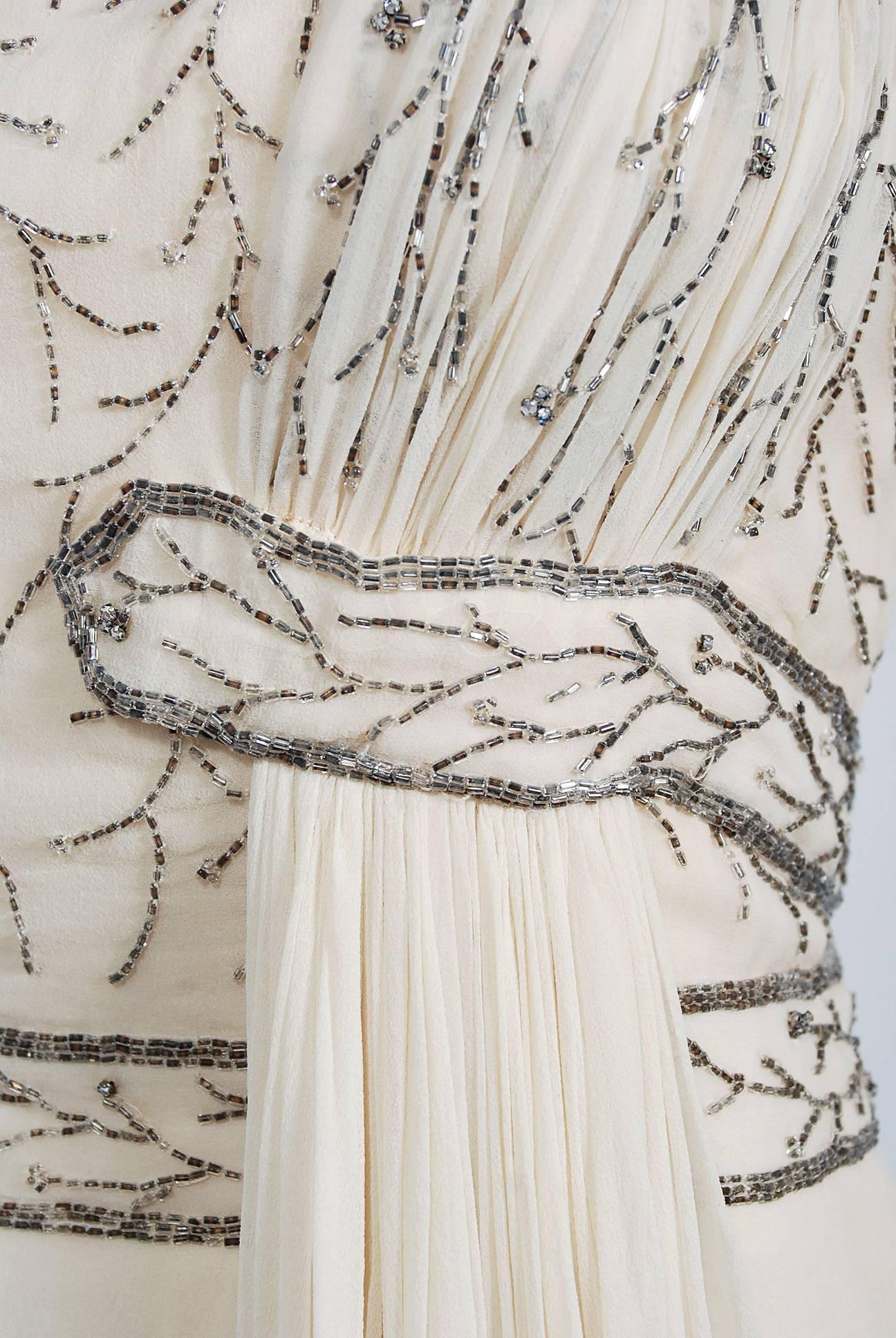 1950's Elizabeth Arden Couture Beaded Ivory Silk Chiffon Draped Goddess Dress  In Good Condition In Beverly Hills, CA