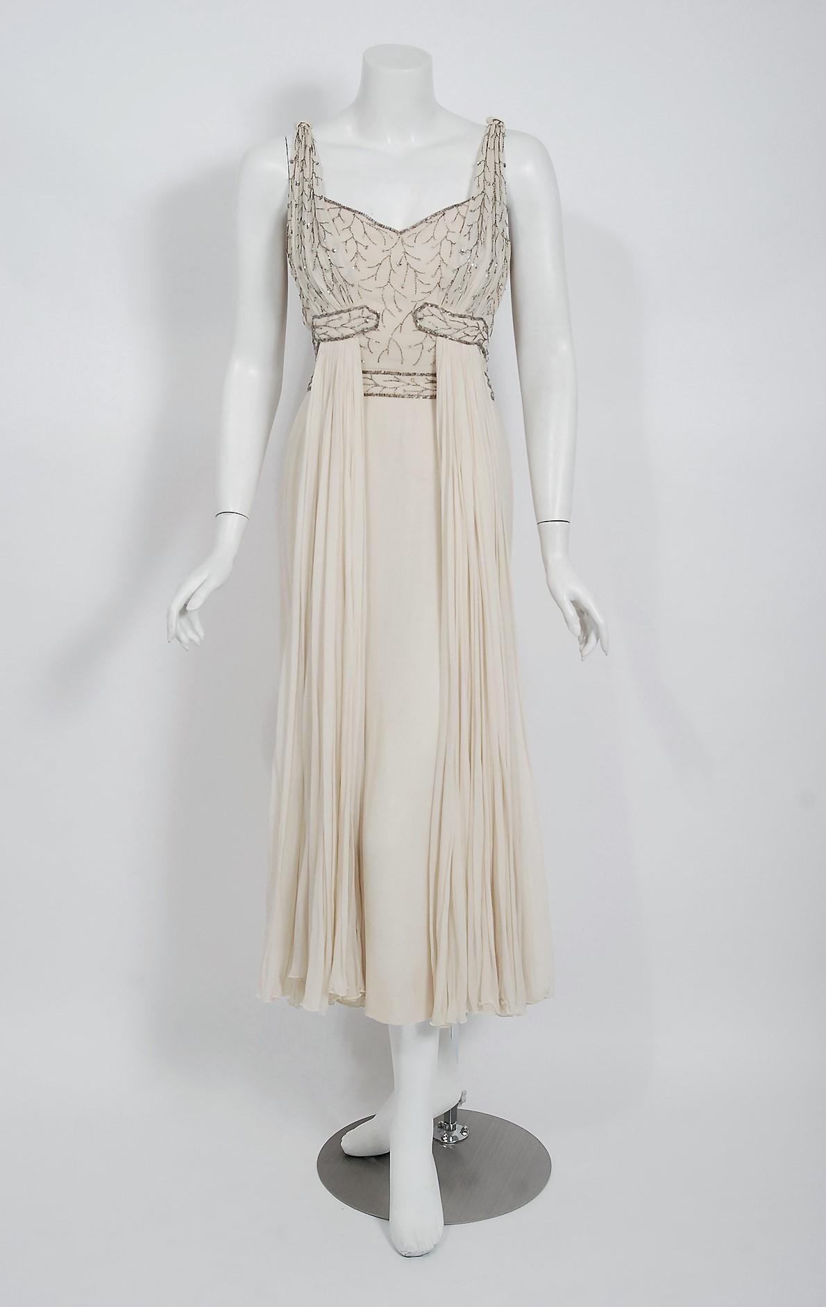 Gray 1950's Elizabeth Arden Couture Beaded Ivory Silk Chiffon Draped Goddess Dress 
