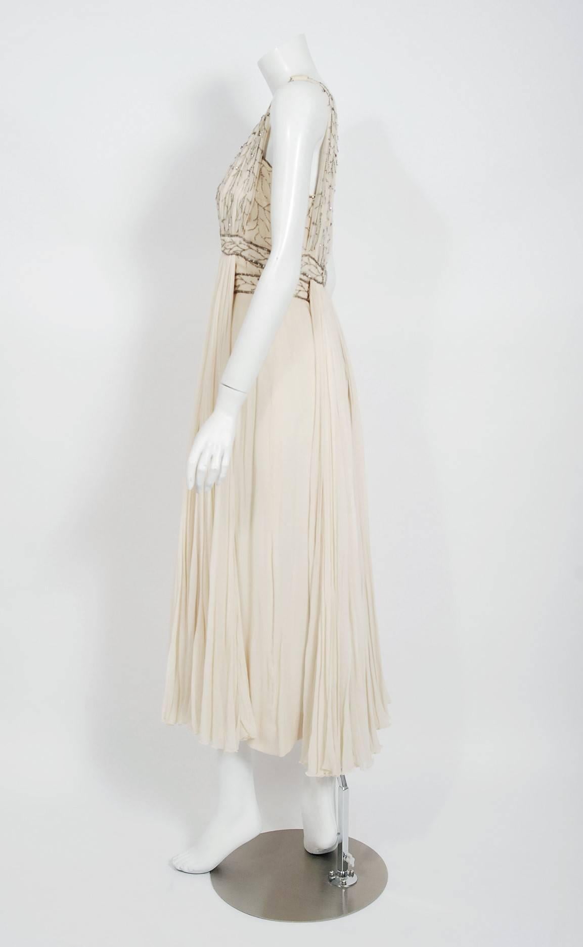 Women's 1950's Elizabeth Arden Couture Beaded Ivory Silk Chiffon Draped Goddess Dress 