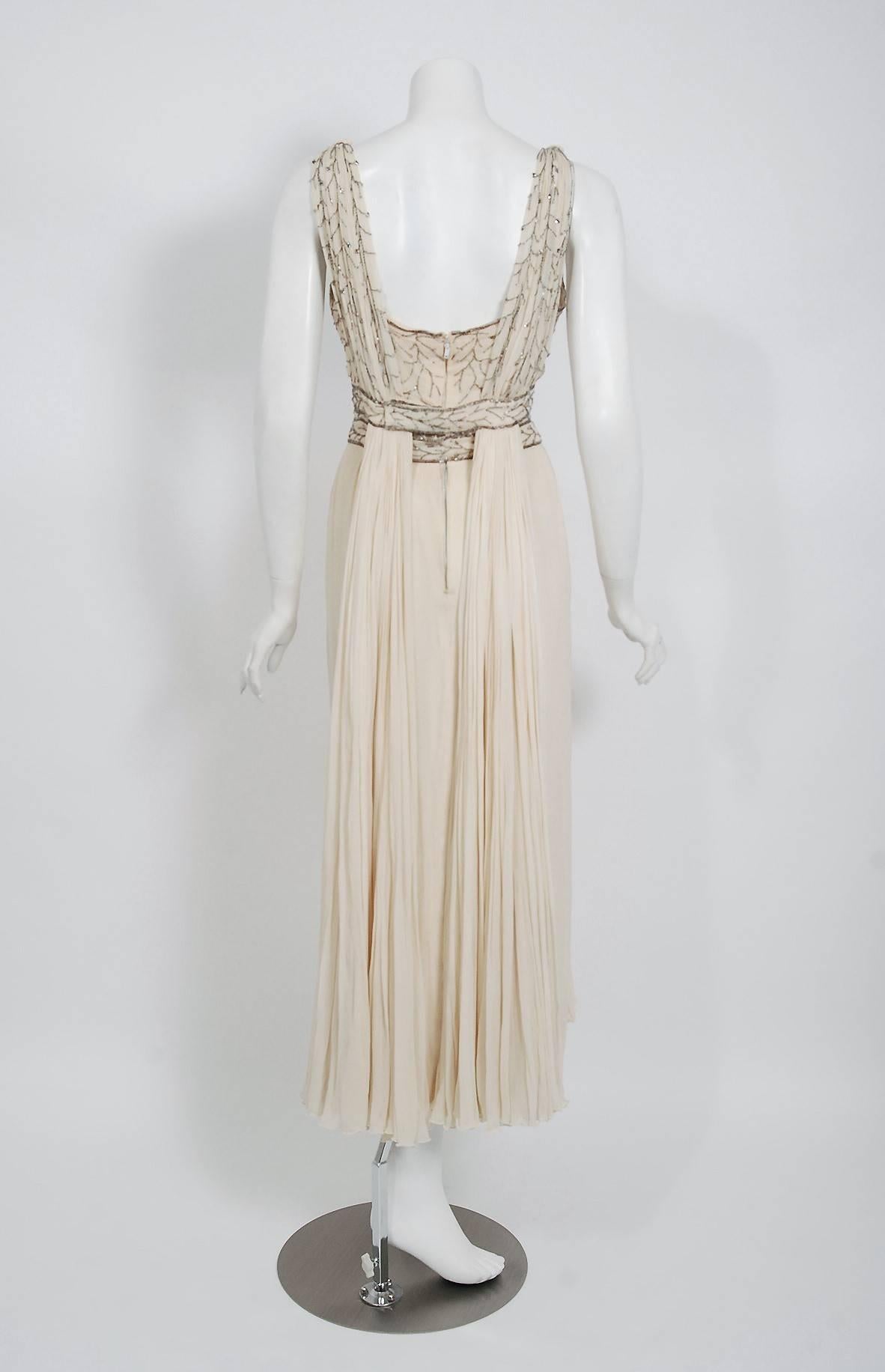 1950's Elizabeth Arden Couture Beaded Ivory Silk Chiffon Draped Goddess Dress  1