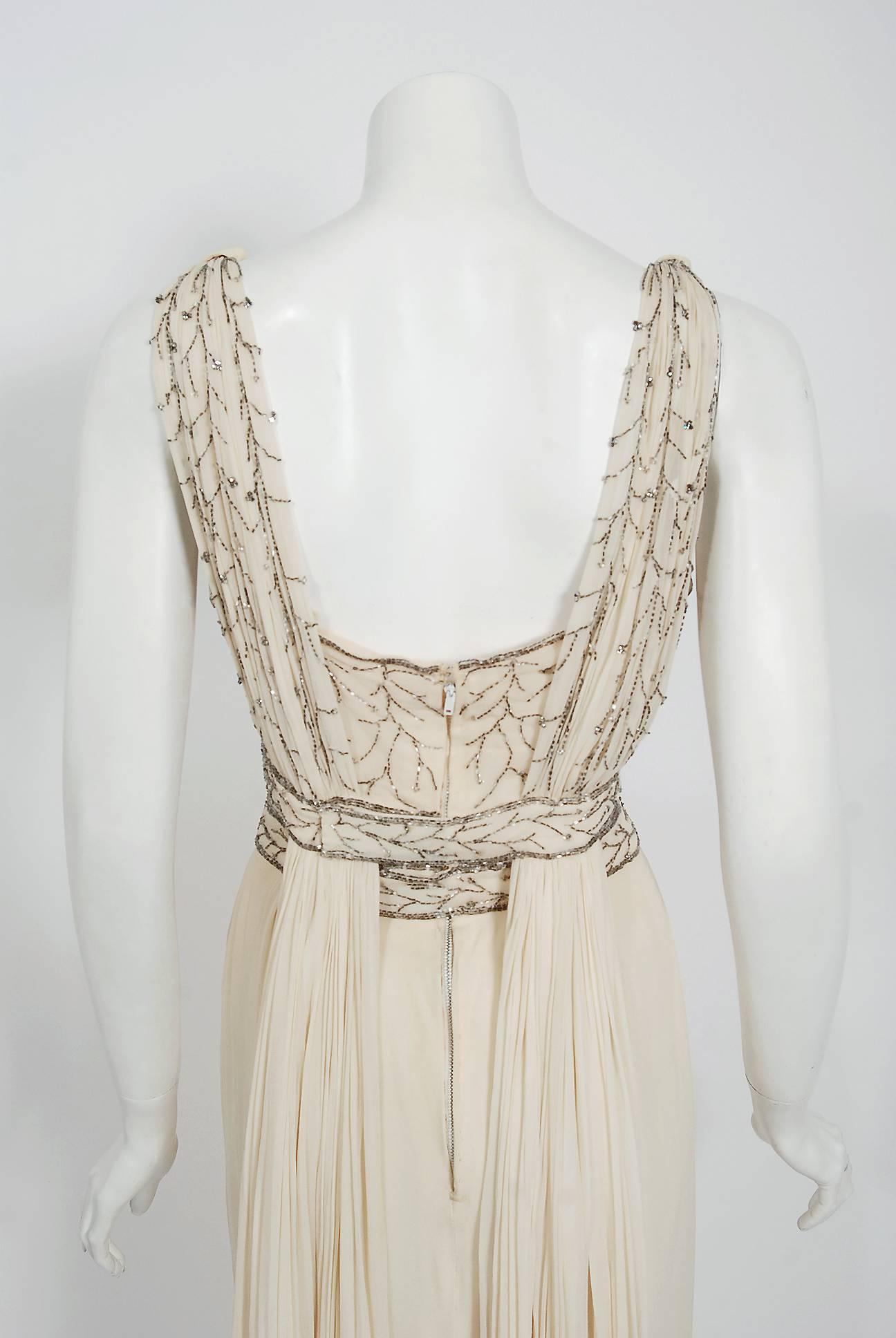 1950's Elizabeth Arden Couture Beaded Ivory Silk Chiffon Draped Goddess Dress  2