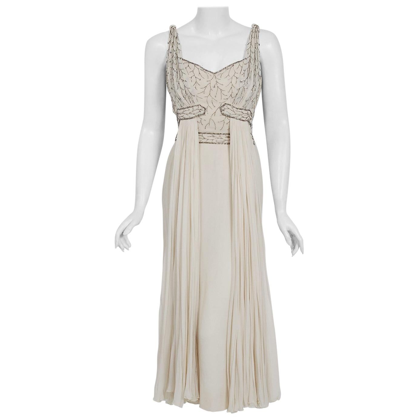 1950's Elizabeth Arden Couture Beaded Ivory Silk Chiffon Draped Goddess Dress 