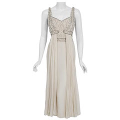 Retro 1950's Elizabeth Arden Couture Beaded Ivory Silk Chiffon Draped Goddess Dress 