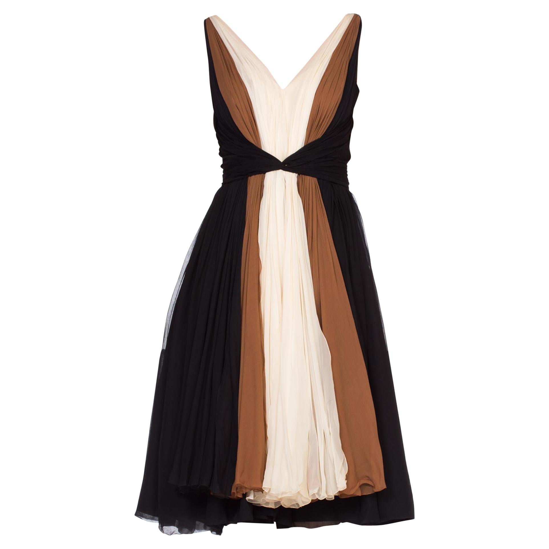 1950'S HELEN ROSE Black & White Silk Chiffon Elizabeth Taylor Style Full Skirt  For Sale