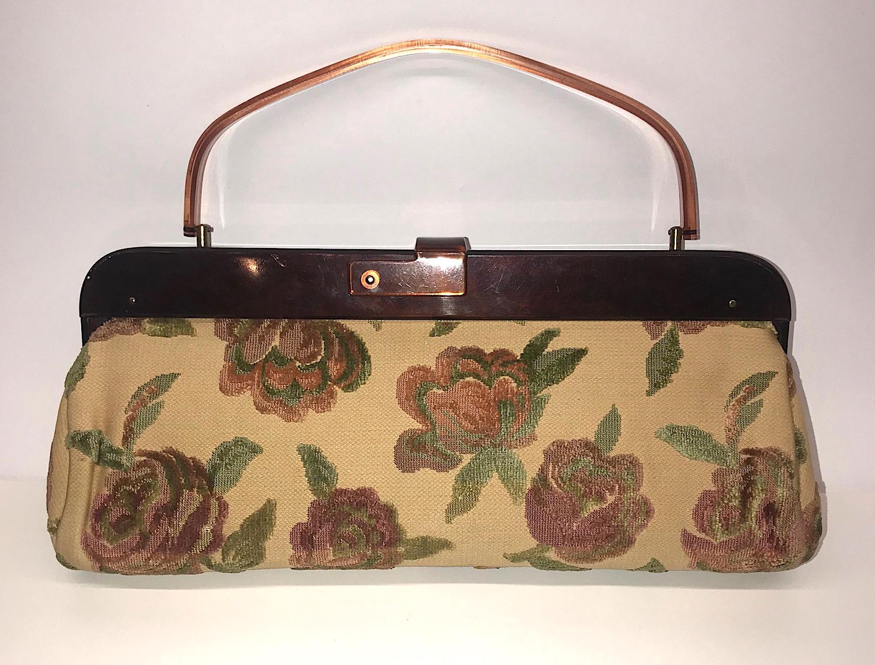 Brown 1950s Elongated Cut Velvet Floral Hand Bag