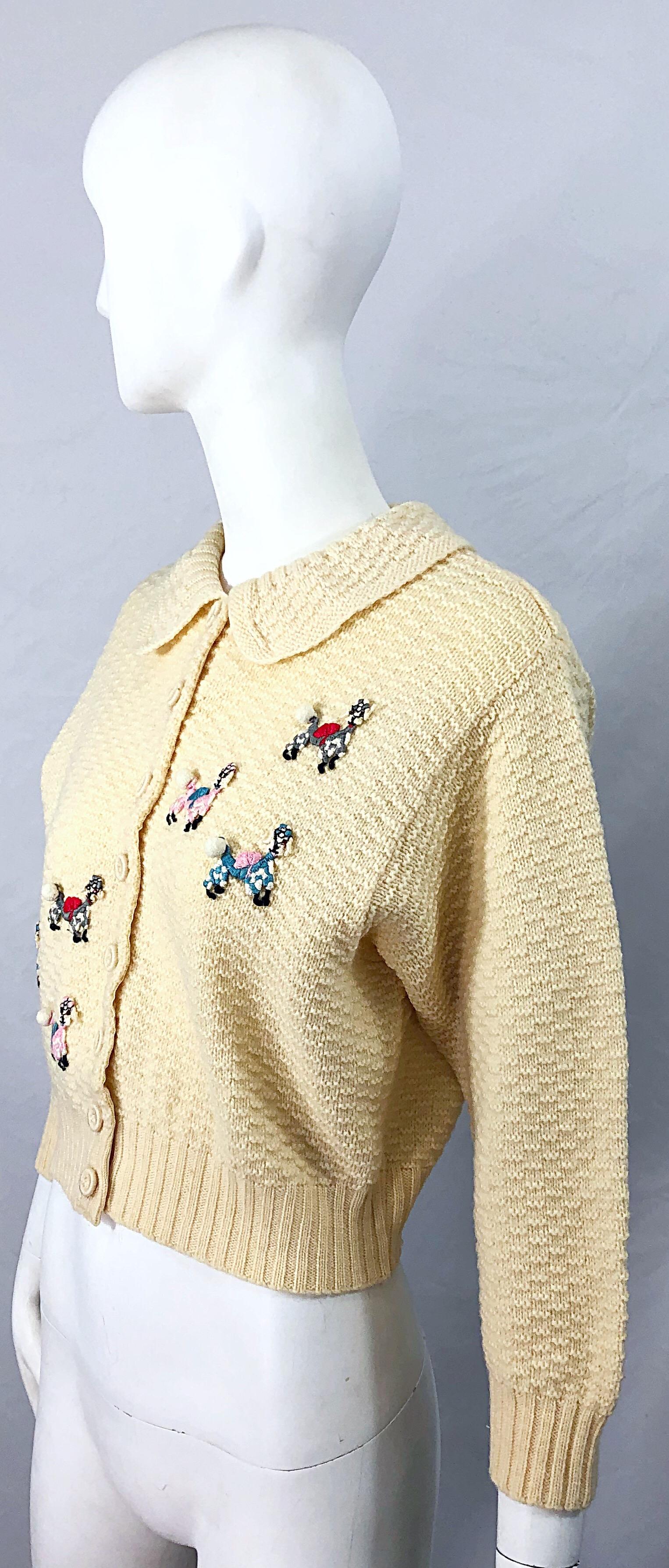 1950s Elsa Schiaparelli Novelty Poodle Rhinestone Vintage Ivory 50s Cardigan 2