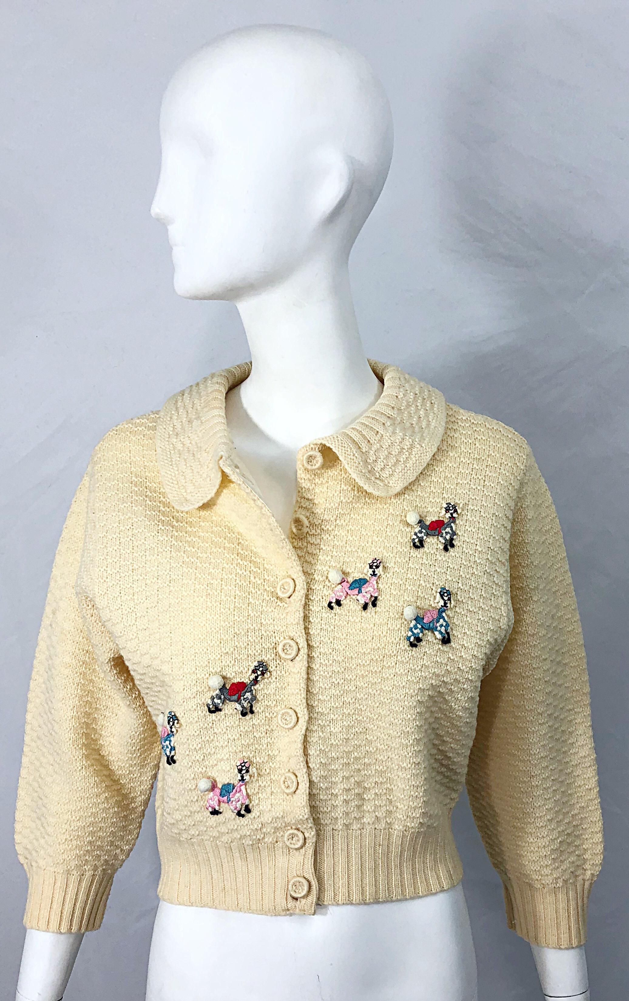 1950s Elsa Schiaparelli Novelty Poodle Rhinestone Vintage Ivory 50s Cardigan 3