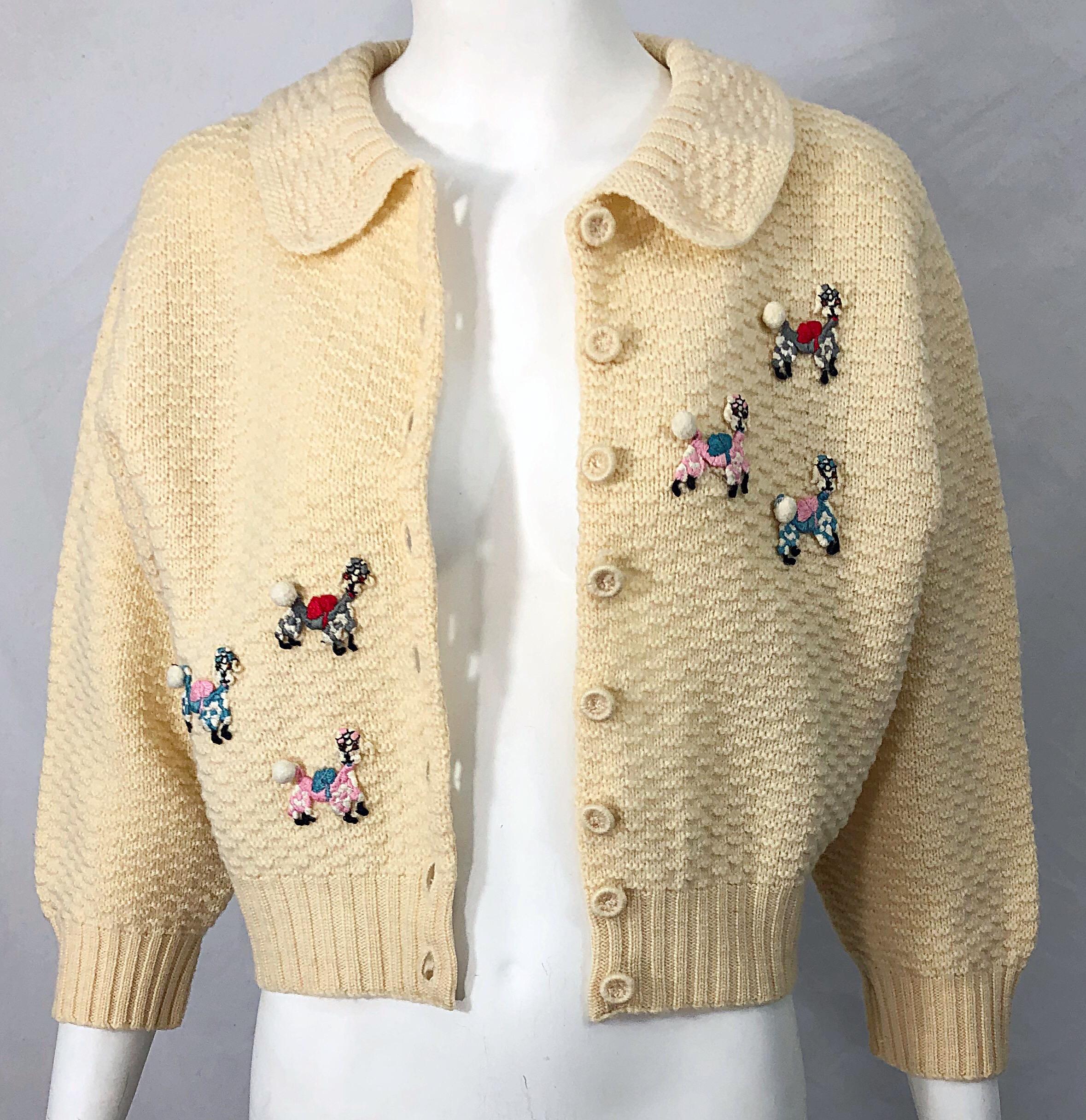 1950s Elsa Schiaparelli Novelty Poodle Rhinestone Vintage Ivory 50s Cardigan 4