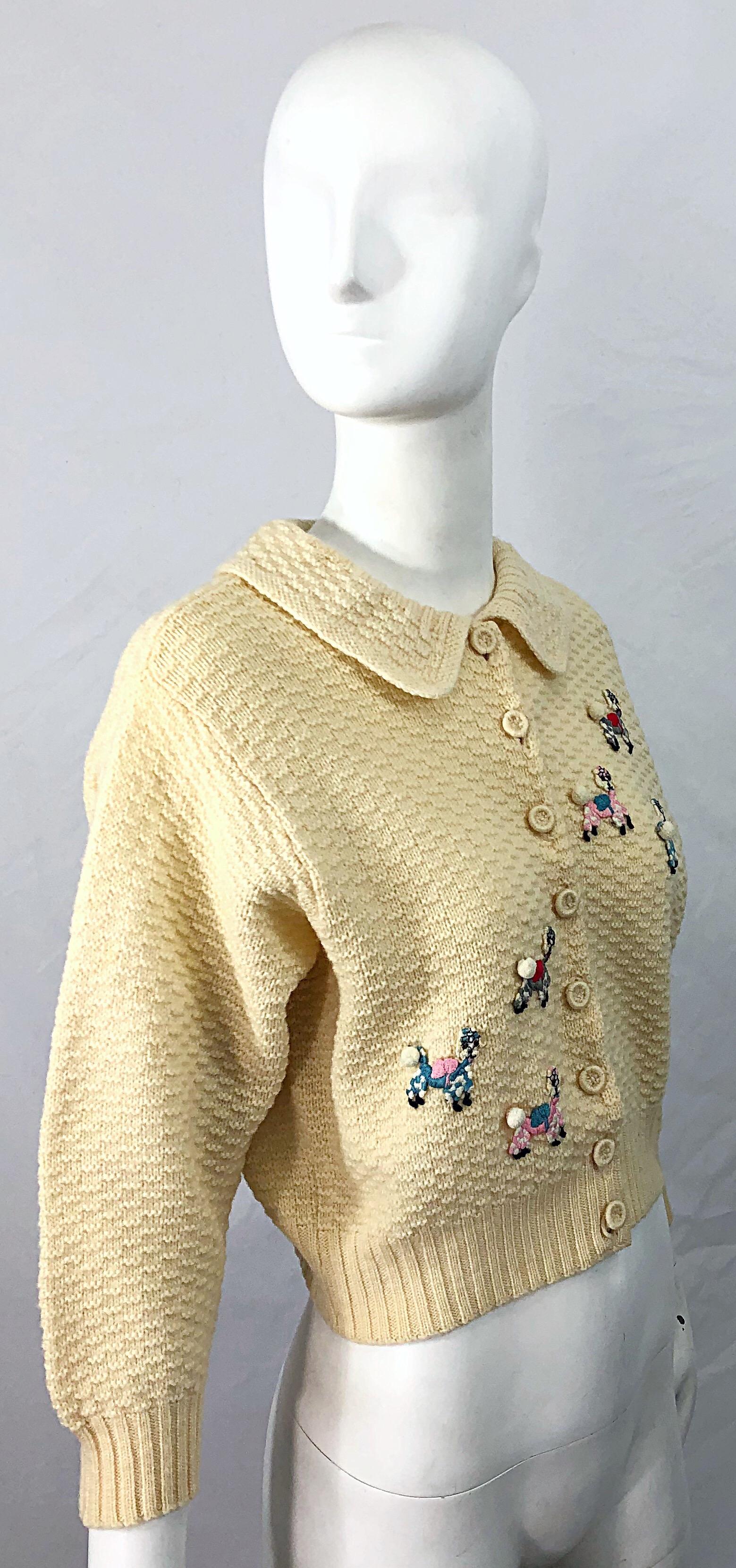 1950s Elsa Schiaparelli Novelty Poodle Rhinestone Vintage Ivory 50s Cardigan 5