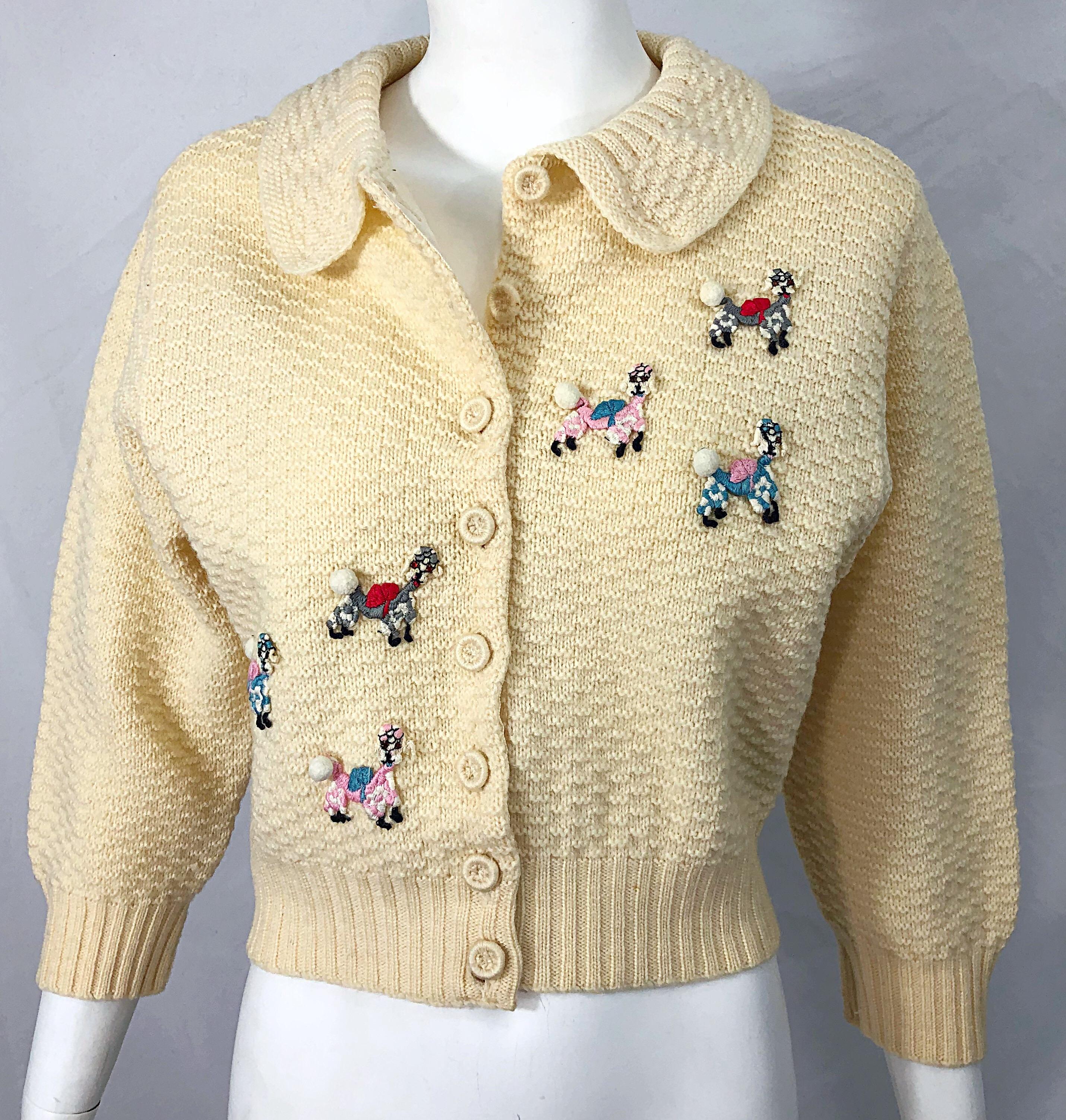 1950s Elsa Schiaparelli Novelty Poodle Rhinestone Vintage Ivory 50s Cardigan 8