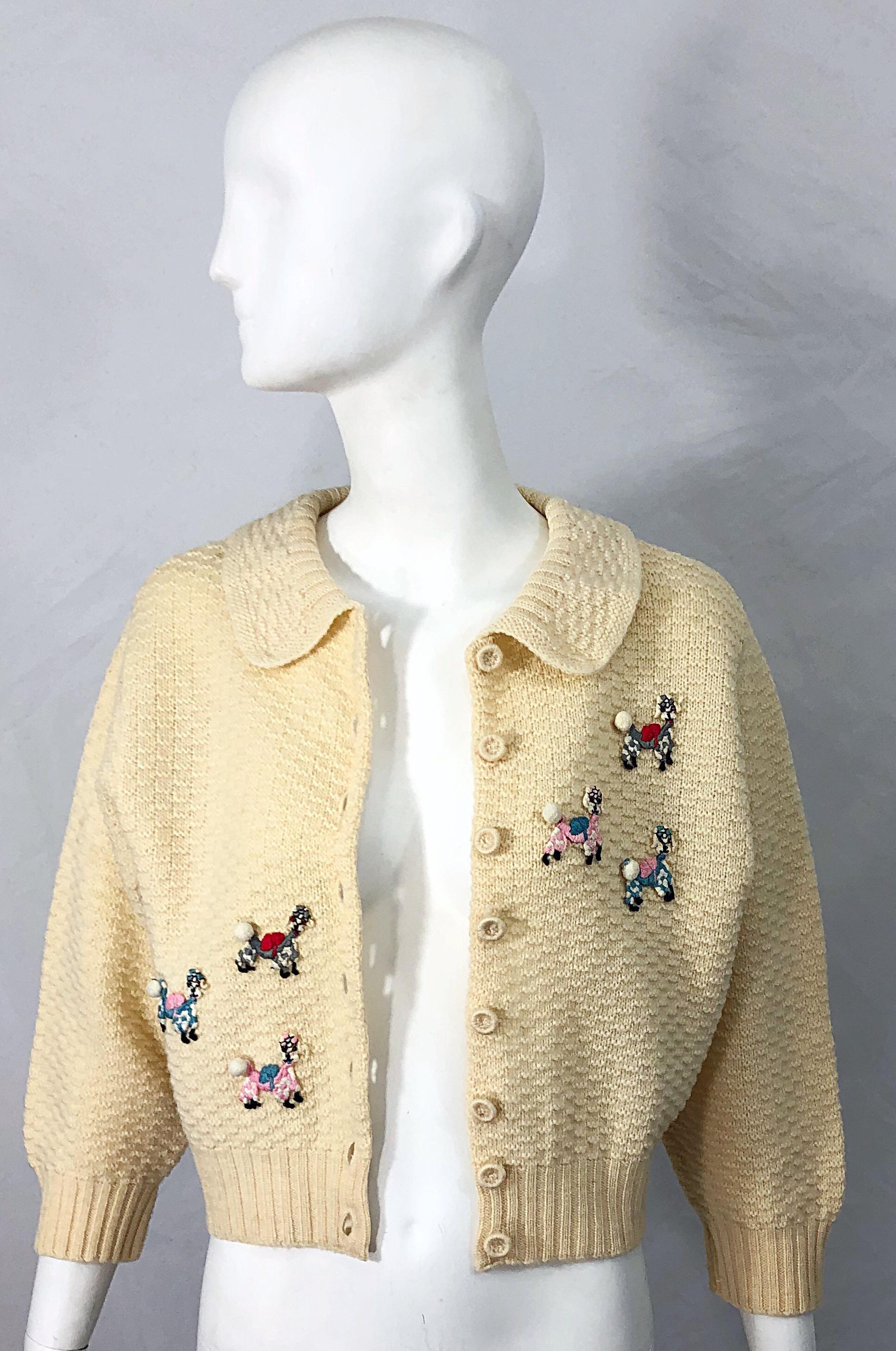 1950s Elsa Schiaparelli Novelty Poodle Rhinestone Vintage Ivory 50s Cardigan