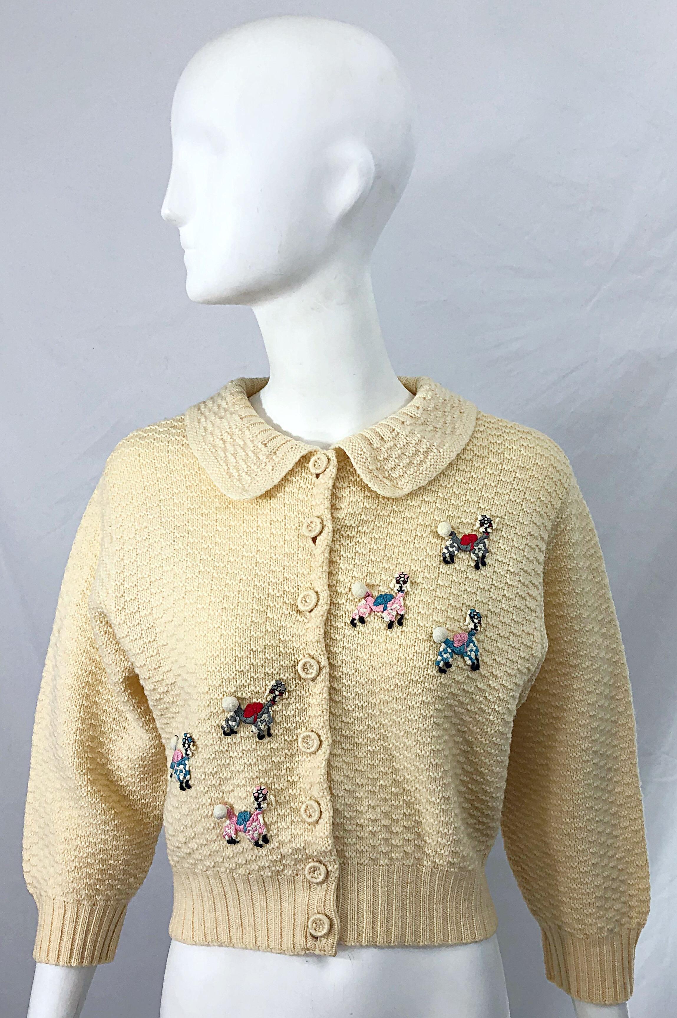 1950s Elsa Schiaparelli Novelty Poodle Rhinestone Vintage Ivory 50s Cardigan 11