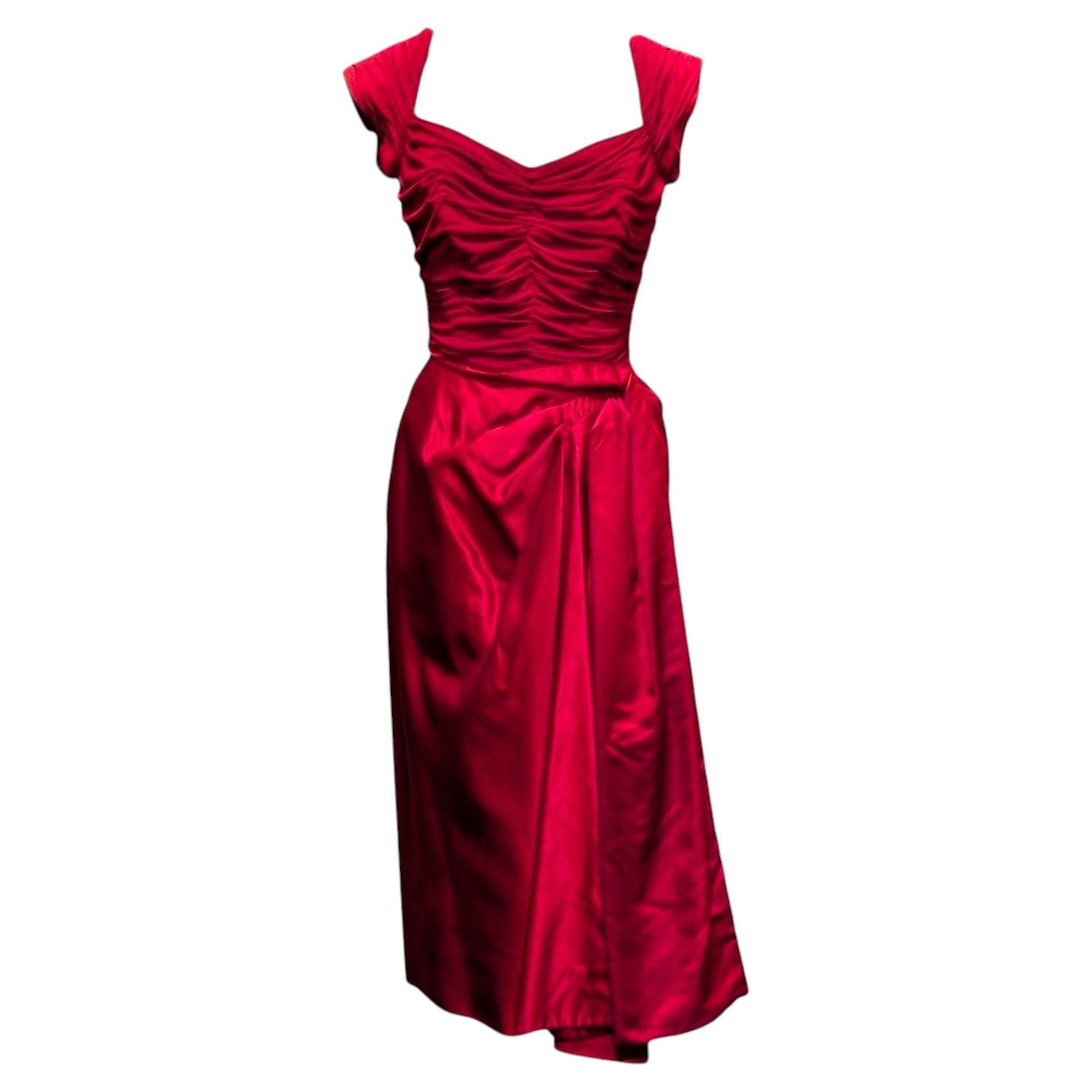1950's Elsa Schiaparelli Paris Couture Red Ruched silk cocktail dress