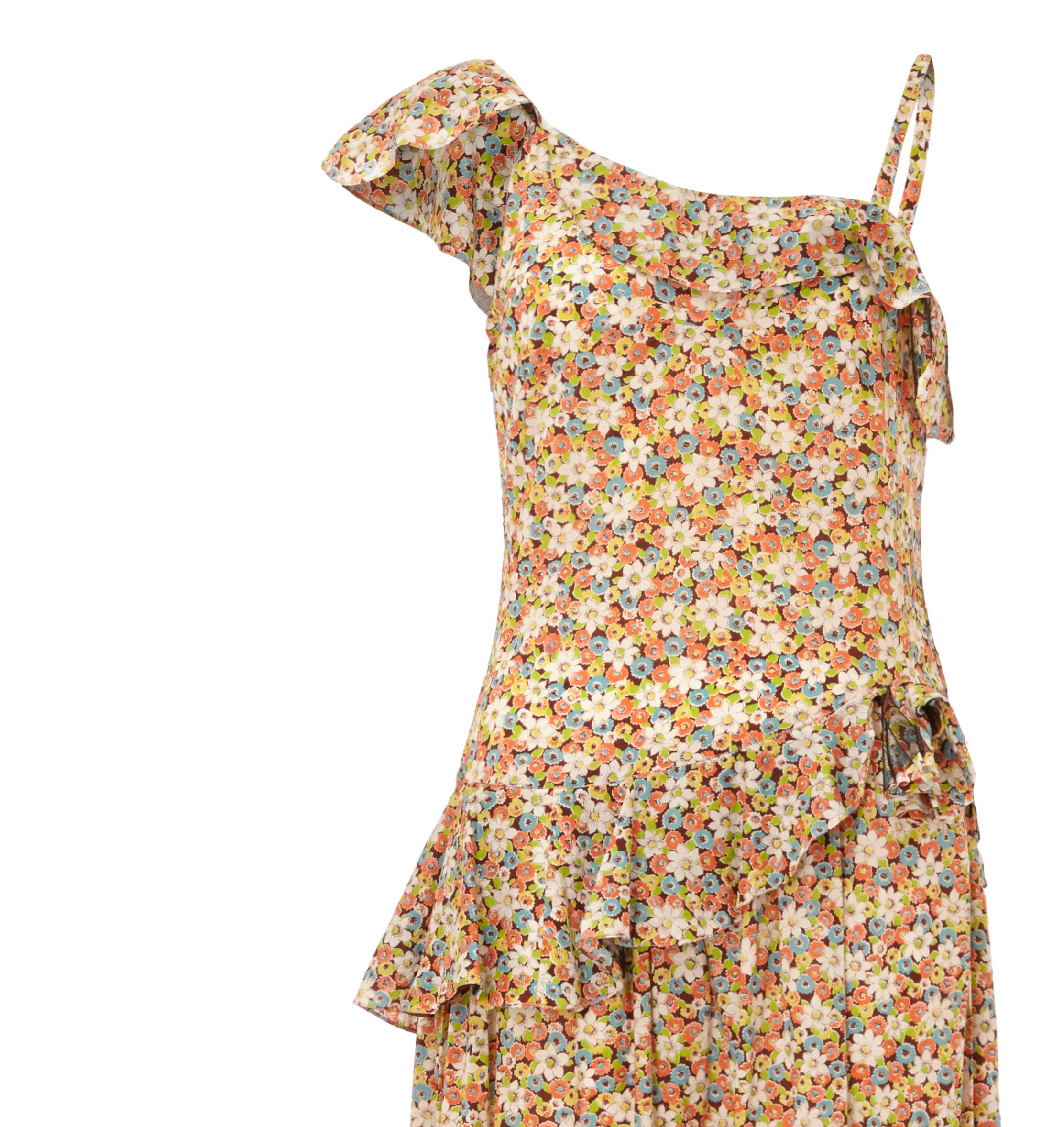 Brown 1950s Elysian Floral Cotton Dress With Asymmetrical Neckline and Peplum