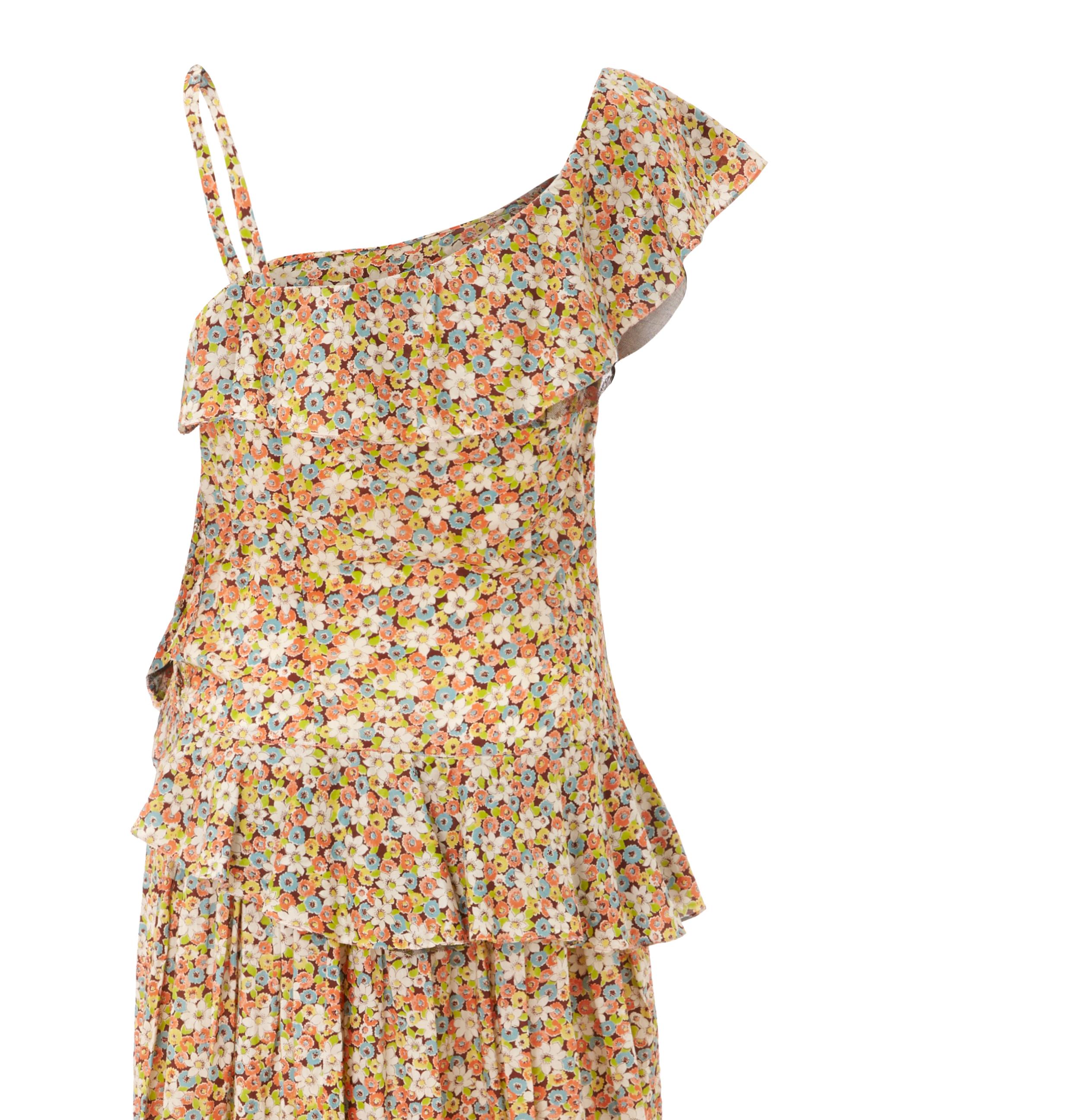 1950s Elysian Floral Cotton Dress With Asymmetrical Neckline and Peplum In Excellent Condition In London, GB