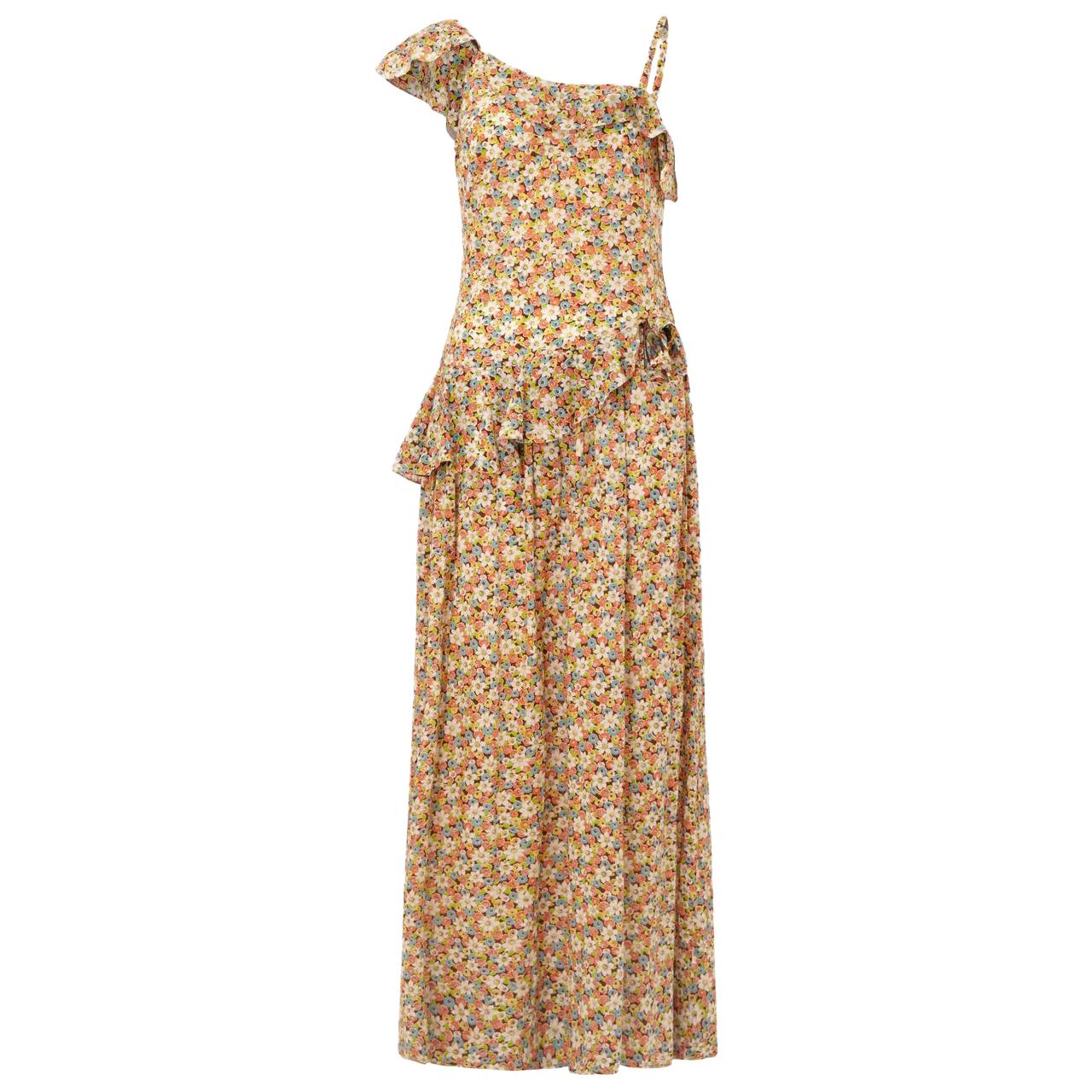 1950s Elysian Floral Cotton Dress With Asymmetrical Neckline and Peplum