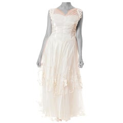 1950S  White Embroidered Rayon & Nylon Satin Tulle Fit Flare Bridal Gown