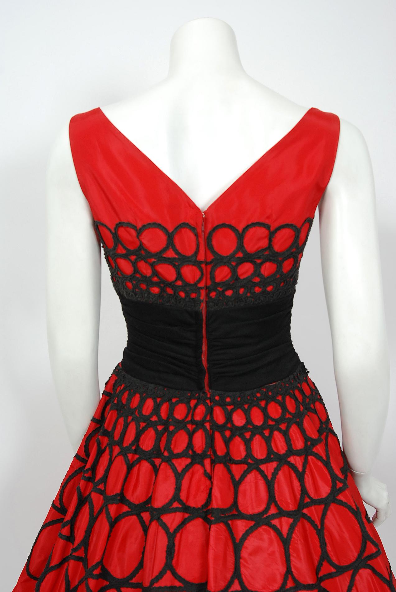 Vintage 1950's Embroidered Red Taffeta Black Wool Cummerbund Circle-Skirt Dress 1